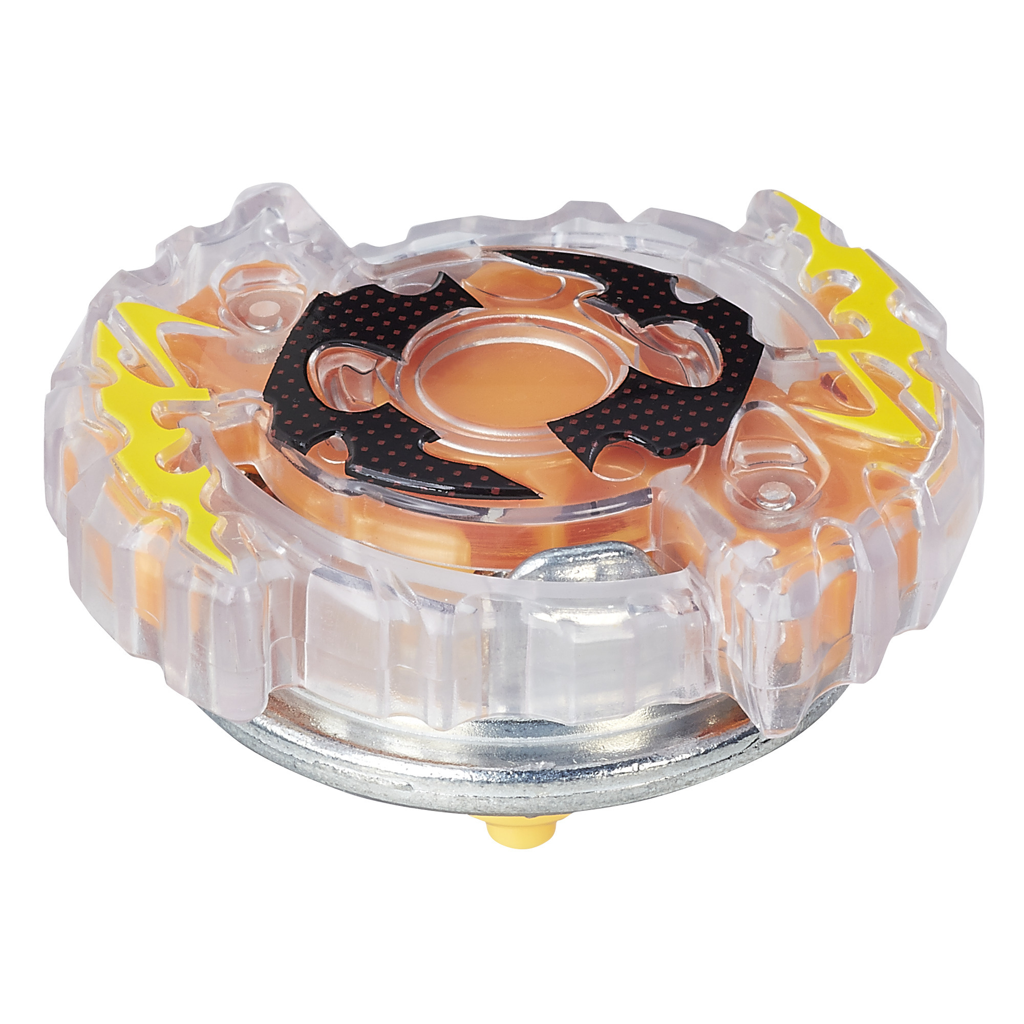 Giocattolo Beyblade. Design in plastica trasparente e arancione con accenti gialli. Nucleo centrale arancione e forma circolare.