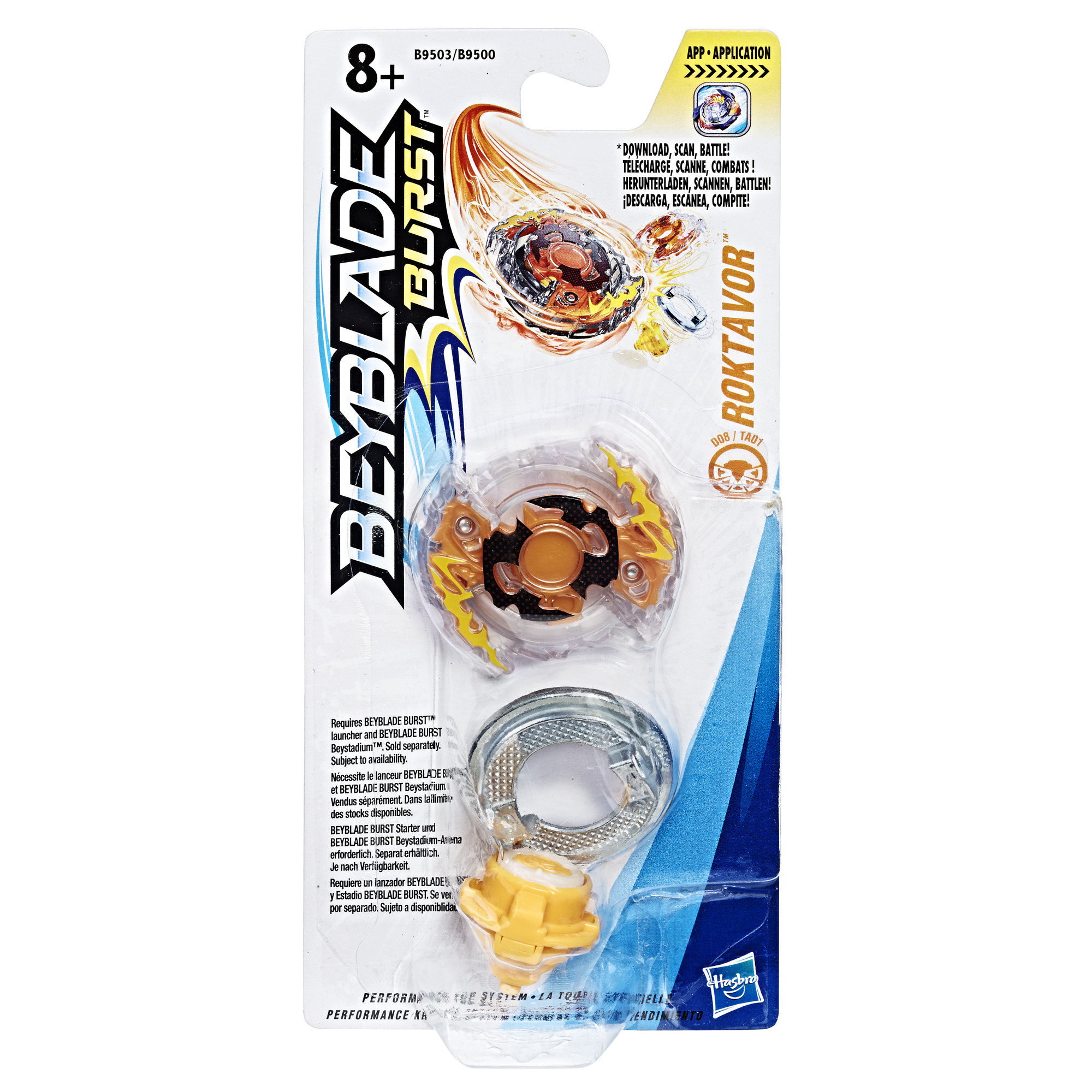 Confezione del giocattolo Beyblade Burst, che mostra una trottola, un lanciatore e testo.