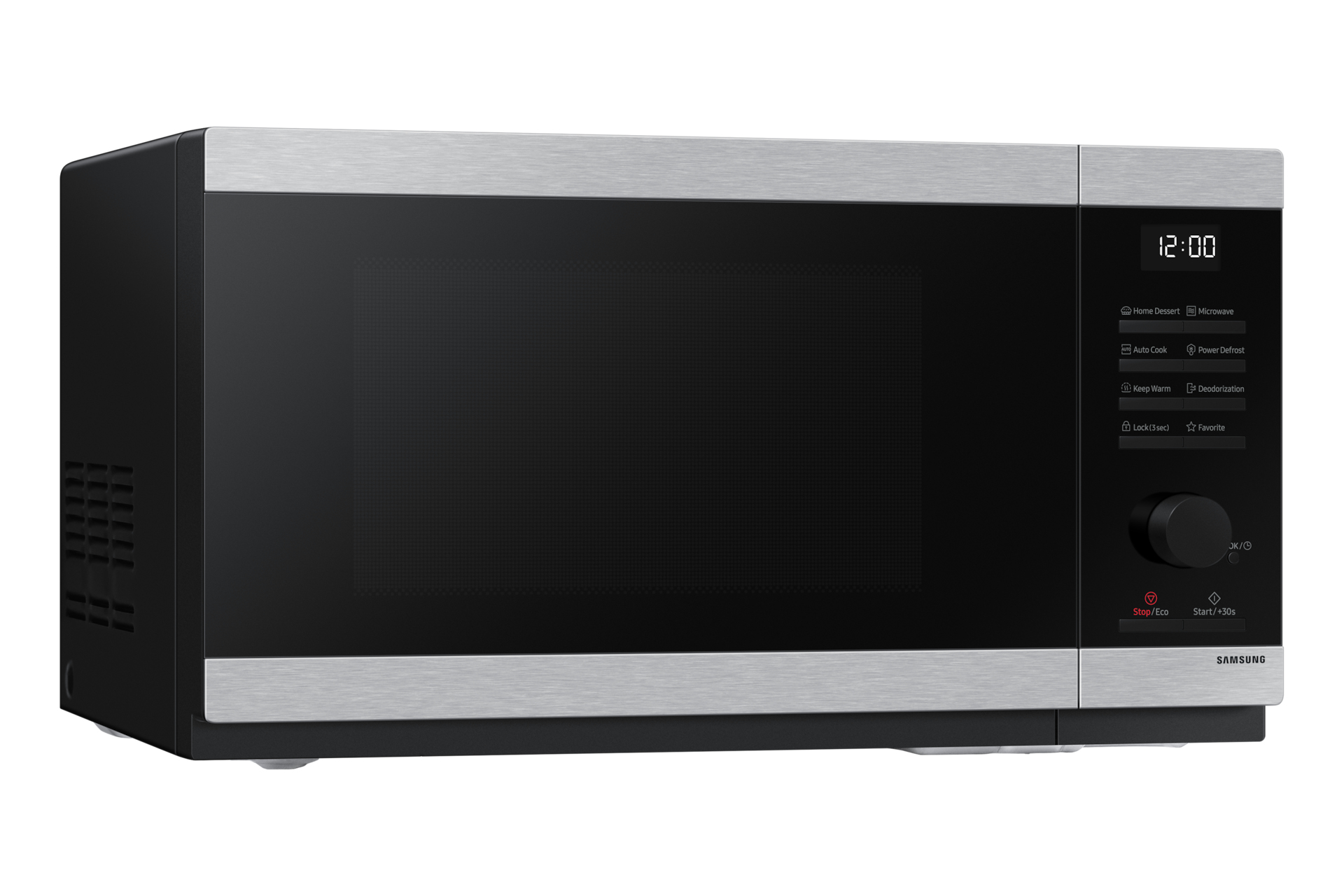 Forno a microonde Samsung argento e nero con orologio digitale che mostra 12:00.