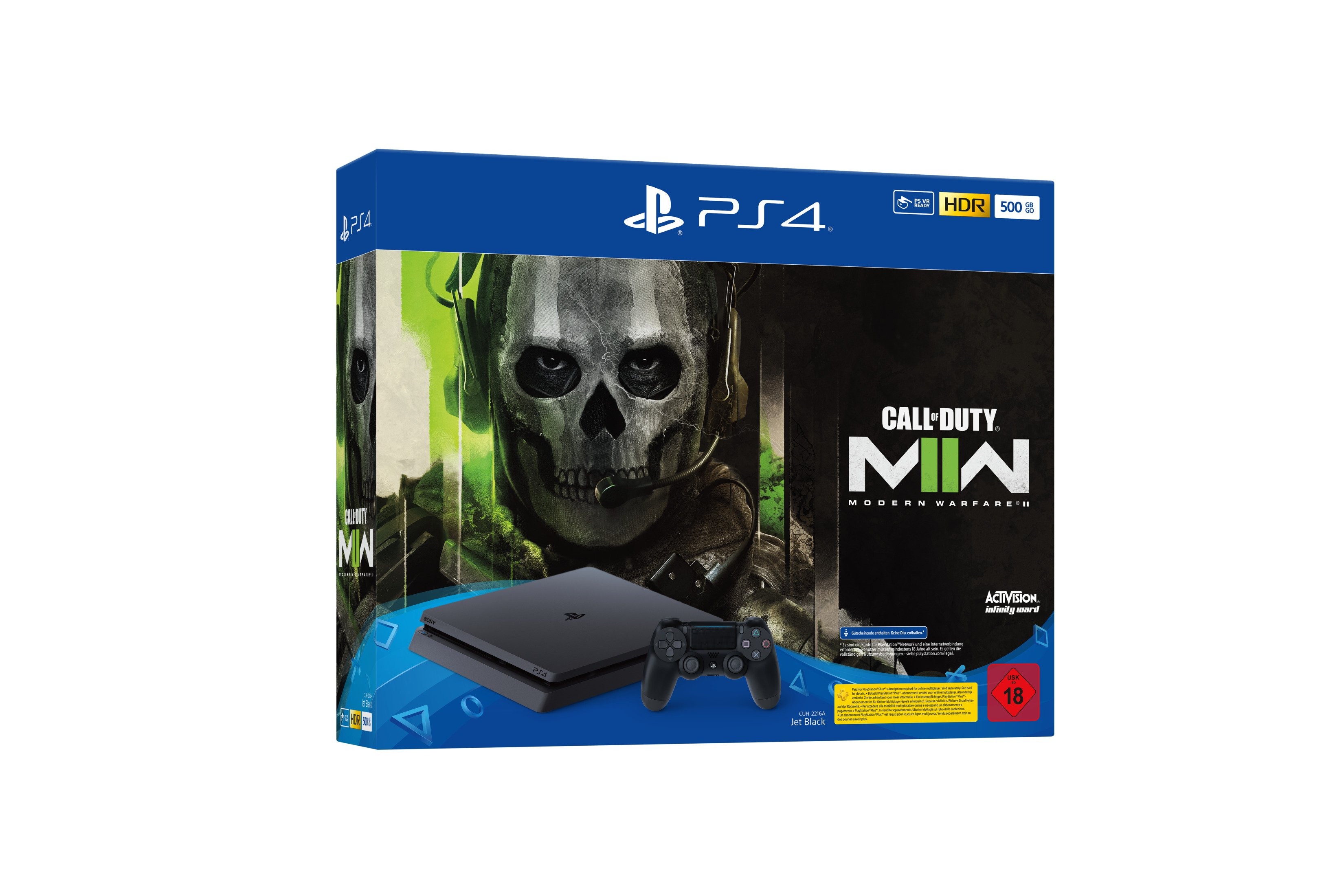 PS4-Spielbox mit 'Call of Duty: Modern Warfare II'. Schwarze Konsole und Controller.
