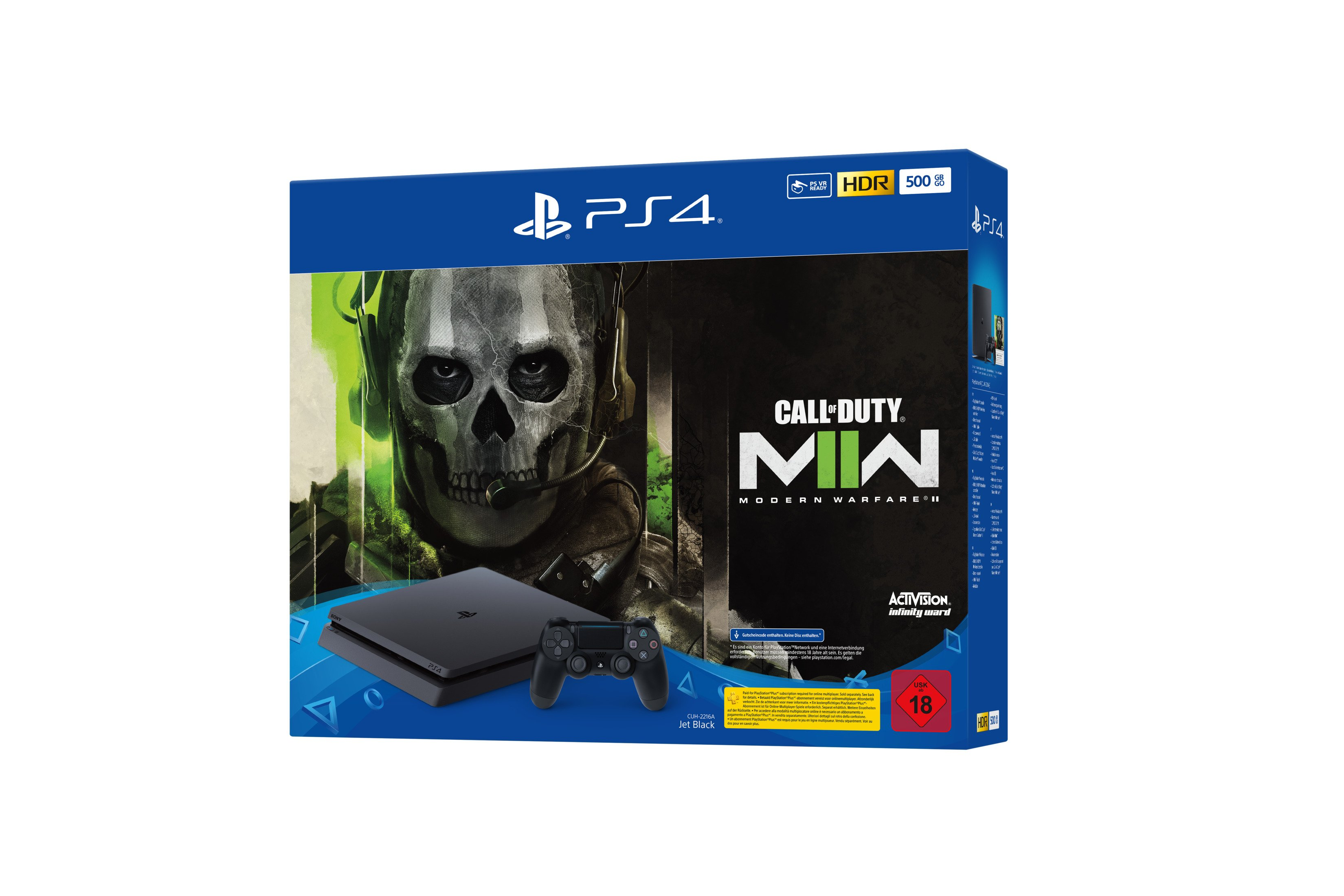 PS4 Call of Duty Modern Warfare II Box-Set mit Konsole, Controller und Spielcover mit Totenkopf.