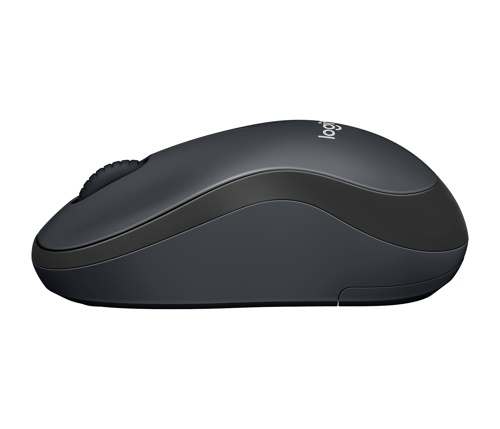 Koyu gri bir Logitech fare, yandan görünüm, şekli ve Logitech logosunu gösteriyor.