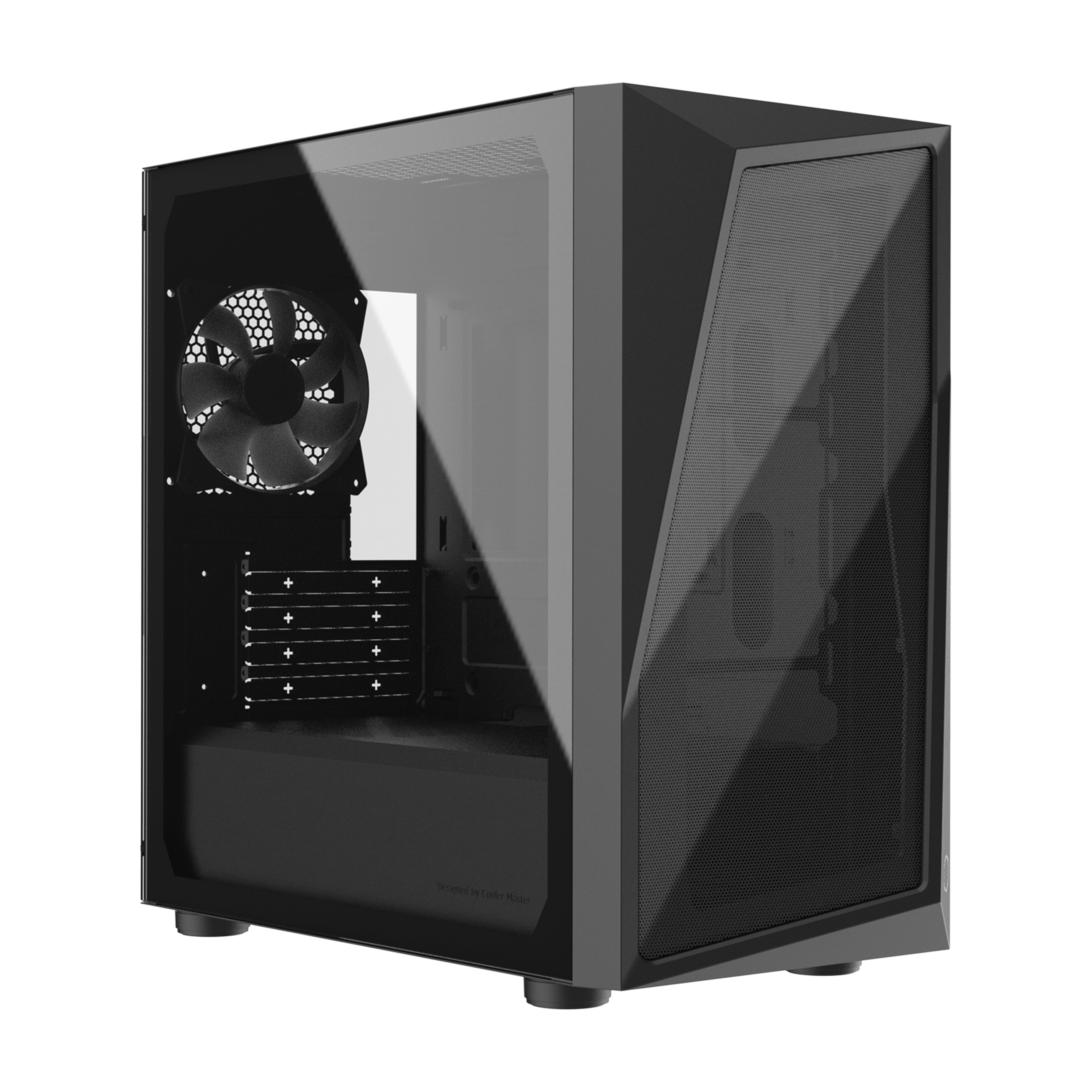 Un case per computer nero con un pannello laterale in vetro che mostra i componenti interni.