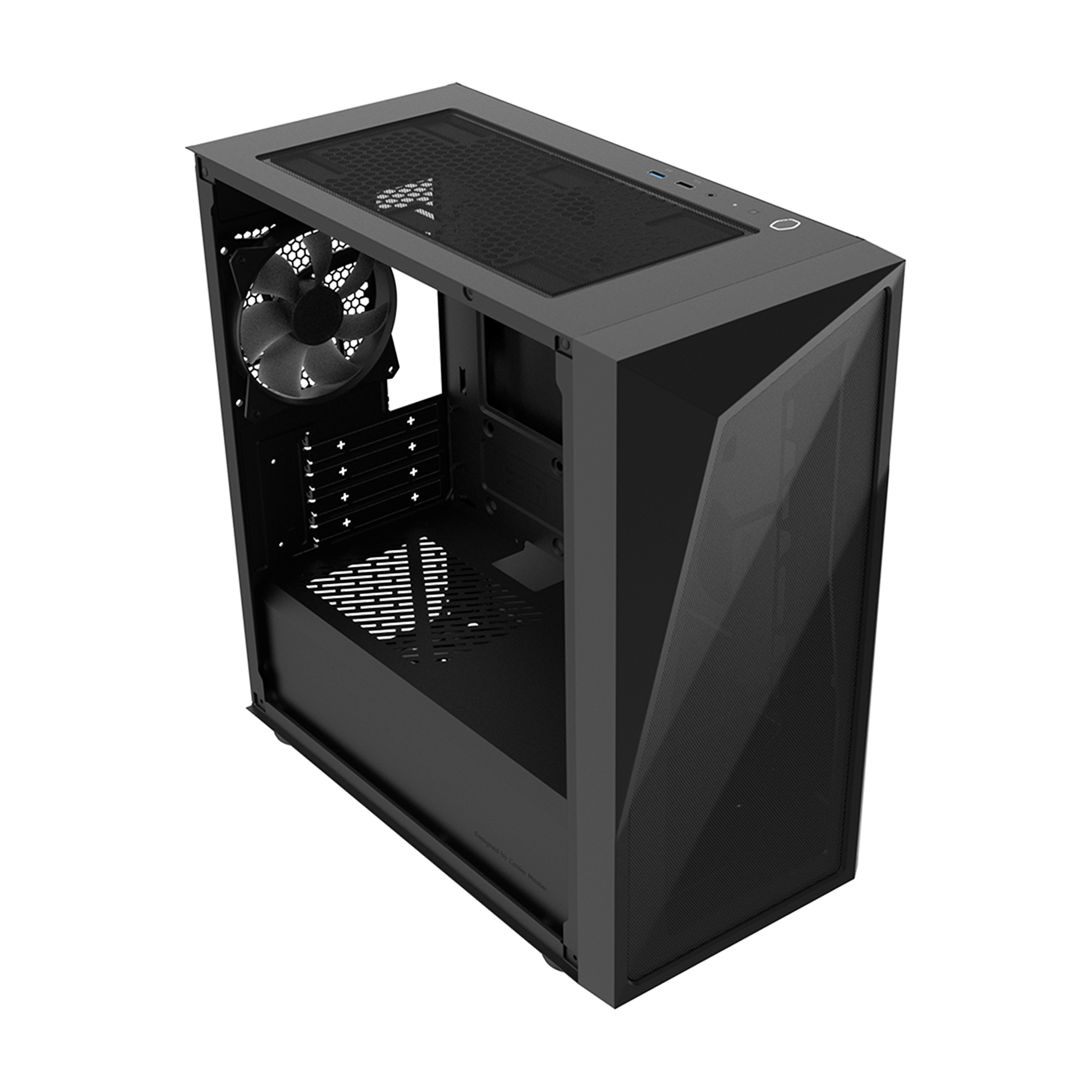 Un case per computer nero con un pannello laterale trasparente e una ventola all'interno.