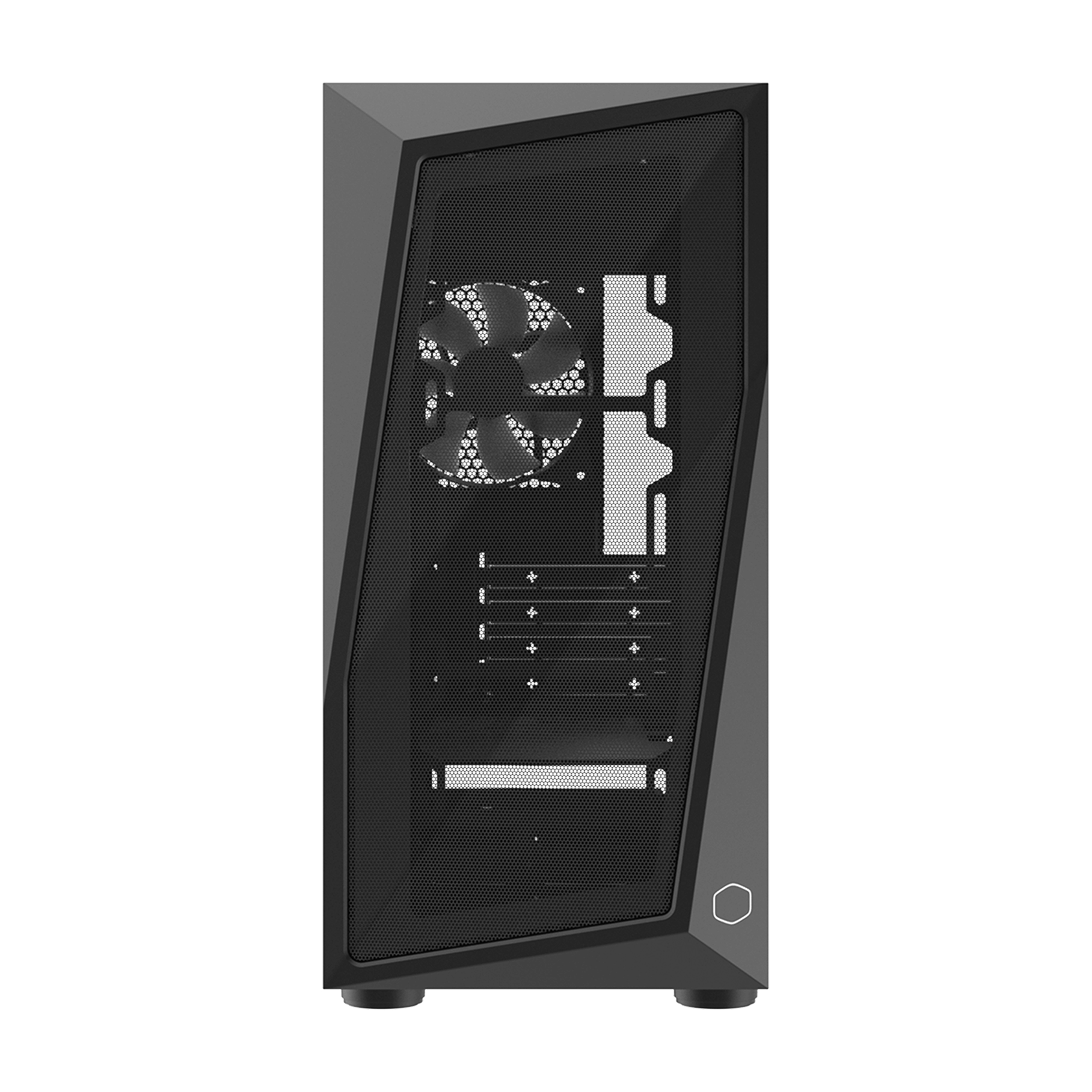 Case per computer nero con frontale a rete. Ha una ventola all'interno. Il case è per un computer.
