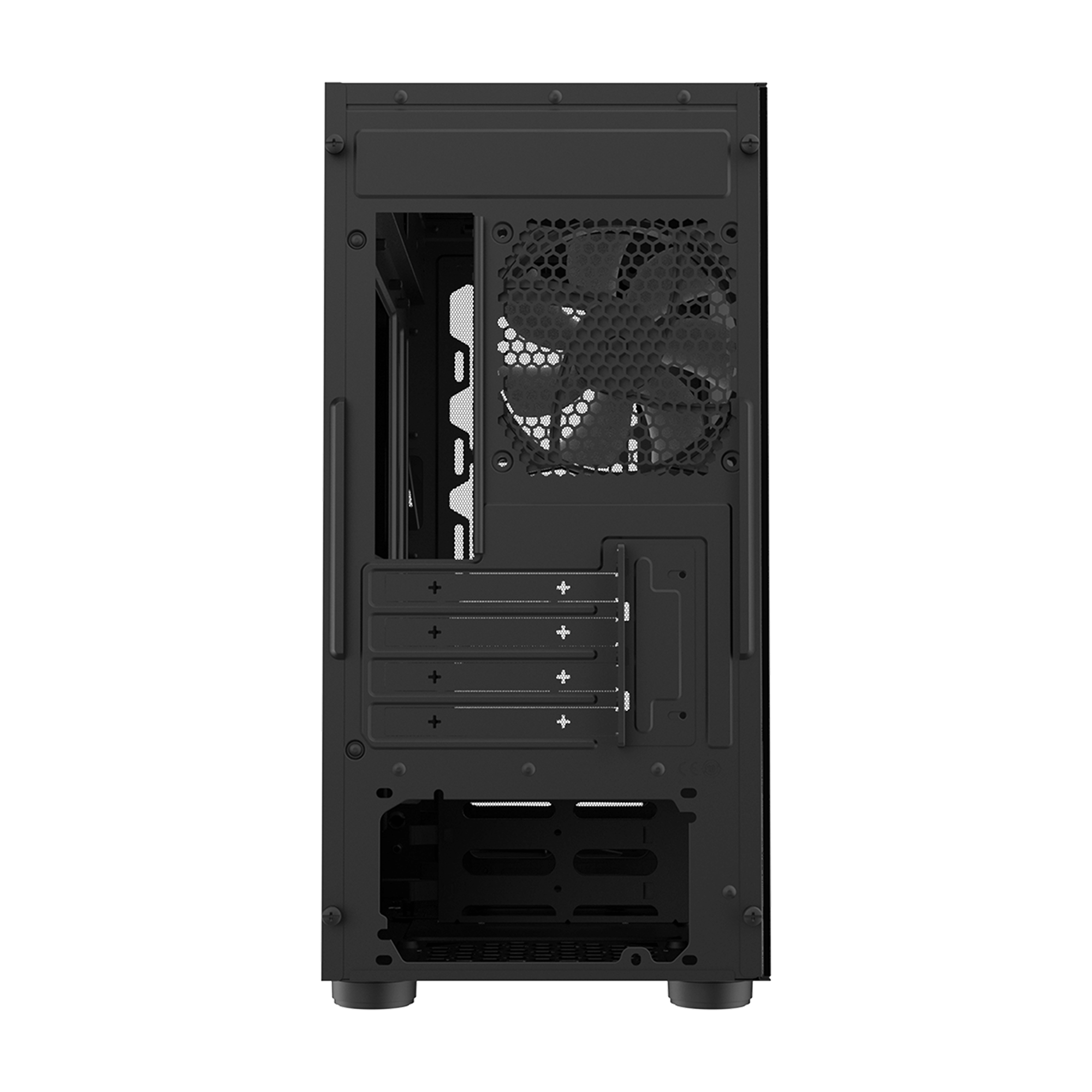 Un case per computer nero, vista posteriore, con una ventola e diversi slot per i componenti.
