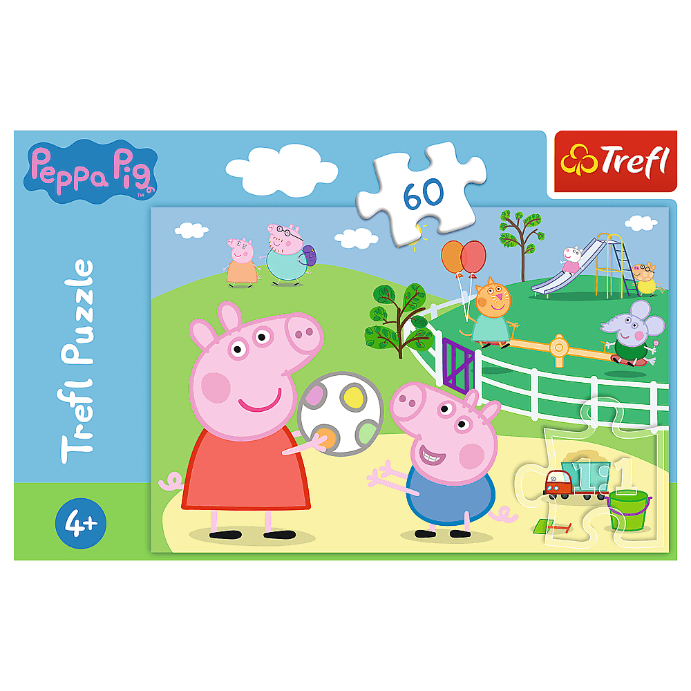 Peppa Pig puzzelbox. Peppa en George spelen met een bal, andere personages, speeltoestellen en 60 stukjes.