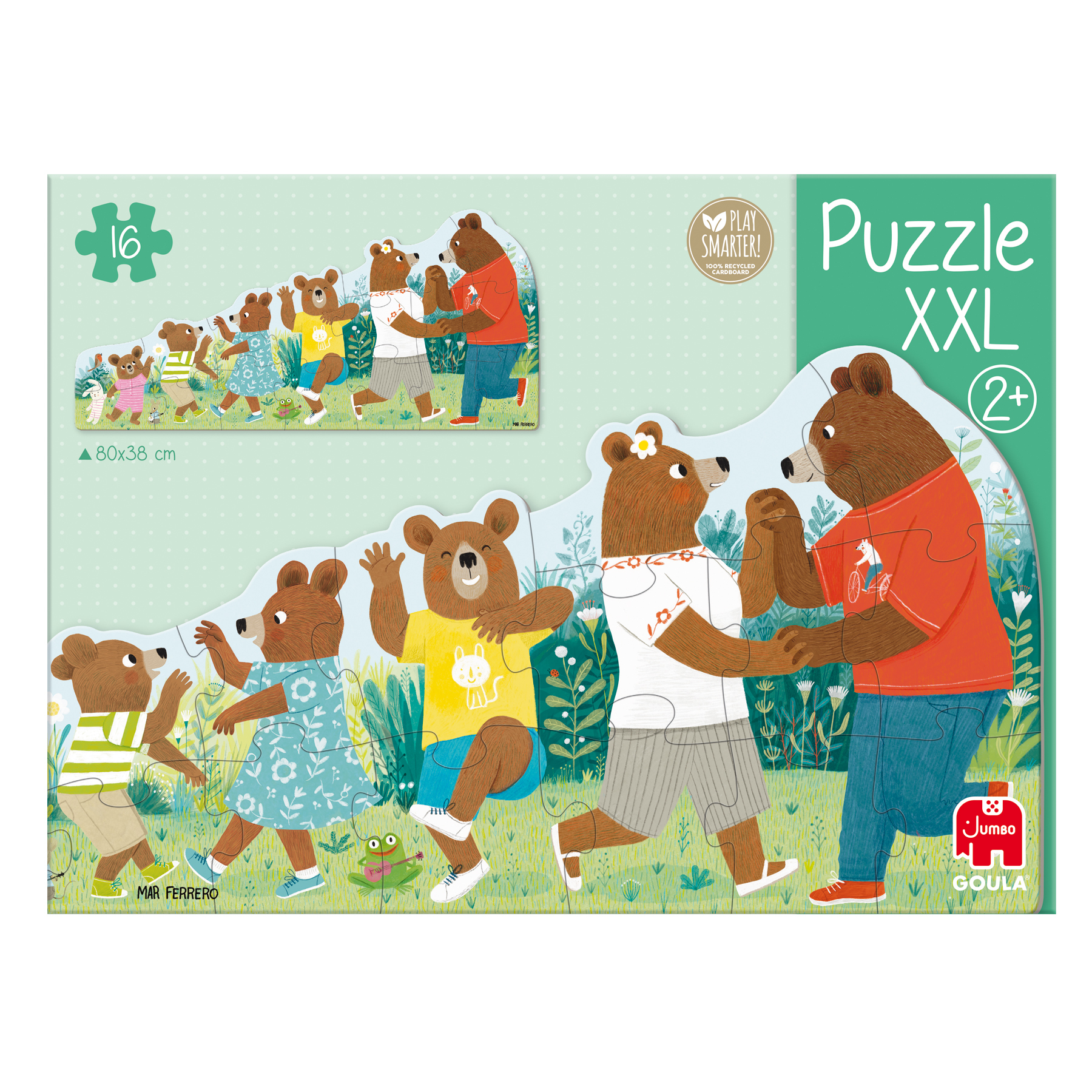 Puzzelbox met een dansende berenfamilie op een groene achtergrond. Play Smarter!-logo. XXL Puzzel.