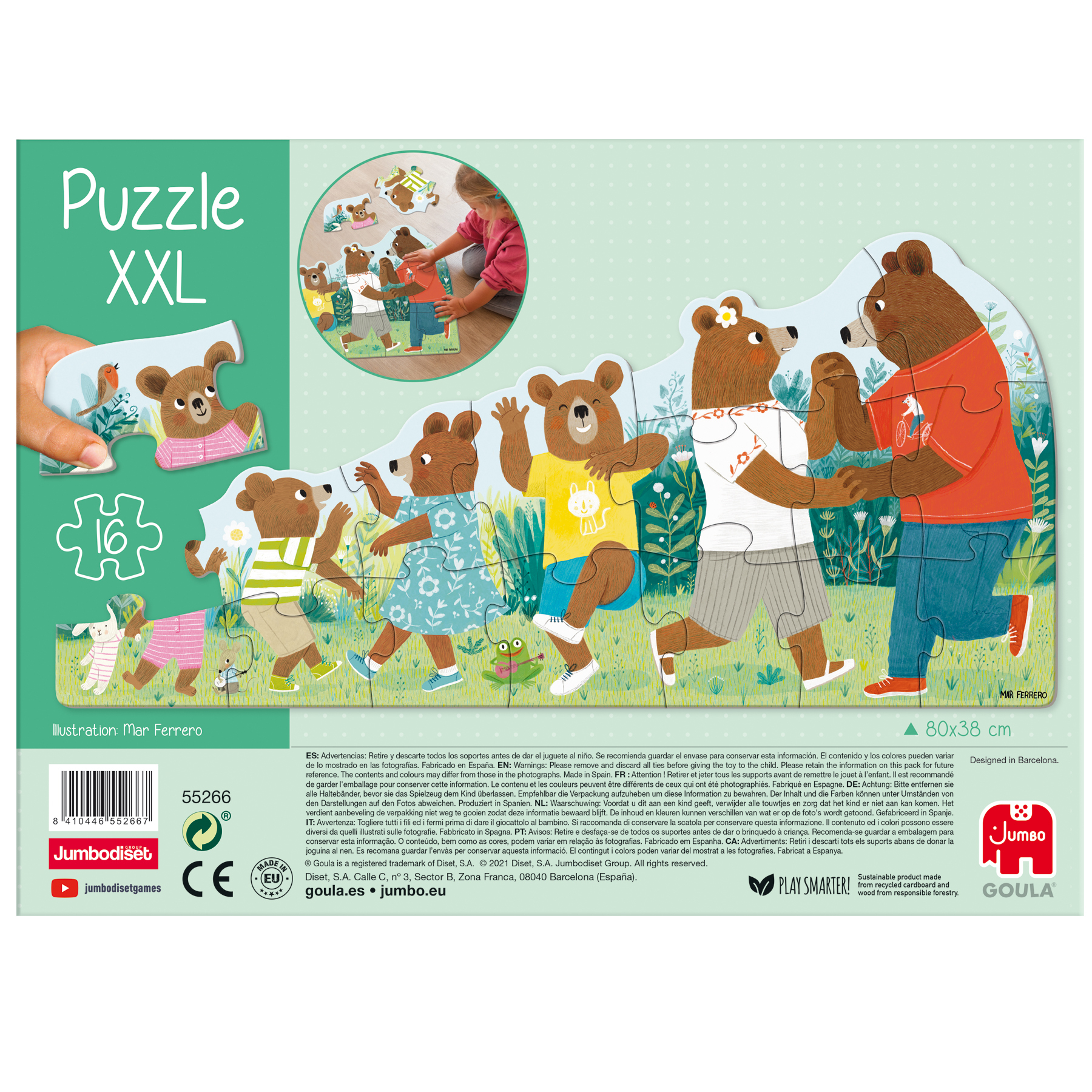 Puzzeldoos met berenillustraties. Beren in verschillende outfits die dansen. Een kind speelt met de puzzel.