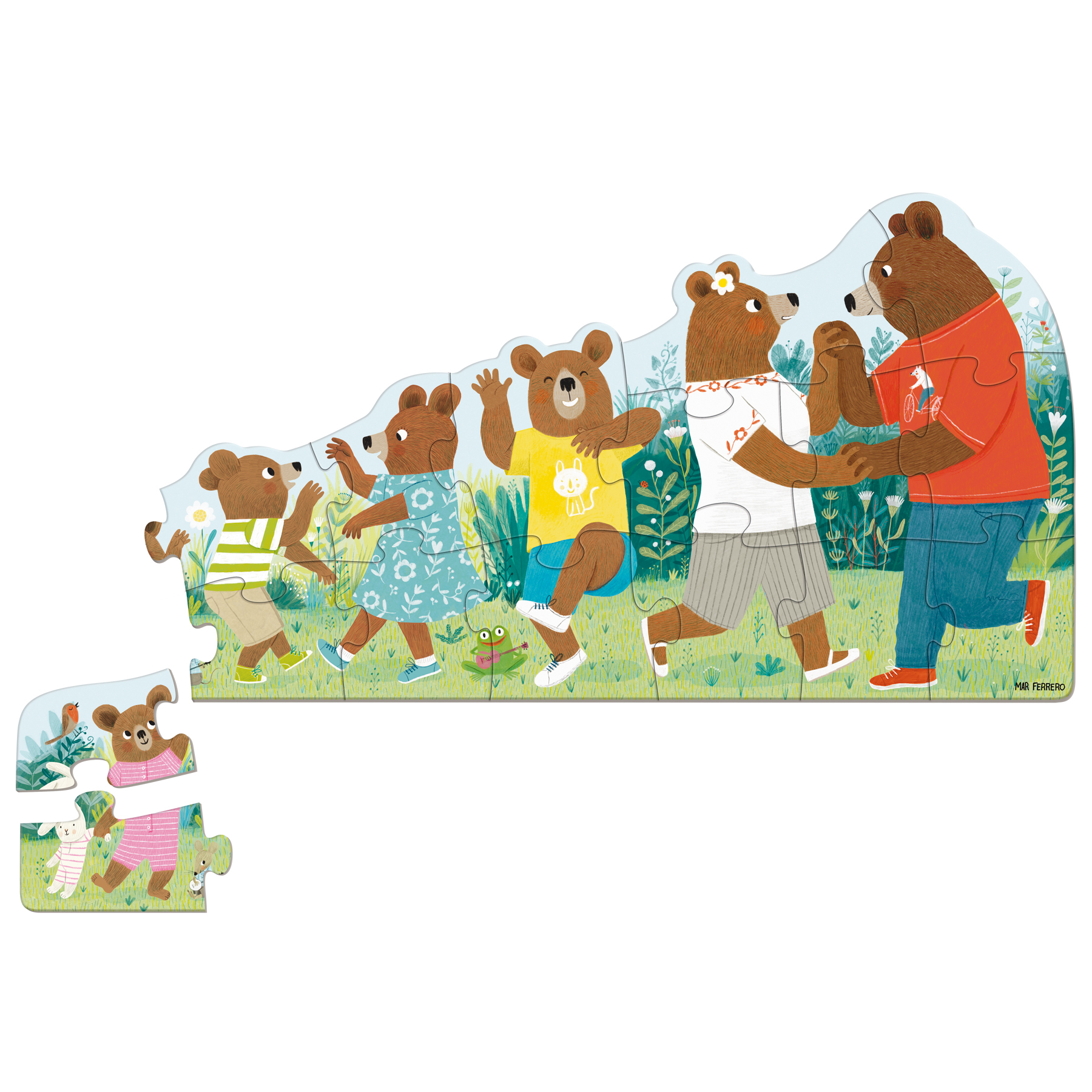 Puzzelstukjes met dansende beren. Witte achtergrond, gedeeltelijk gemonteerd. Vrolijke scène.