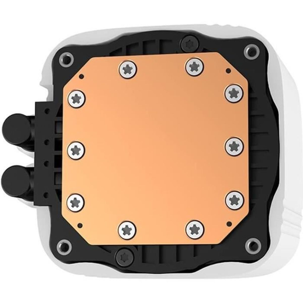 A copper-colored square water block with screws, attached to a black and white base.