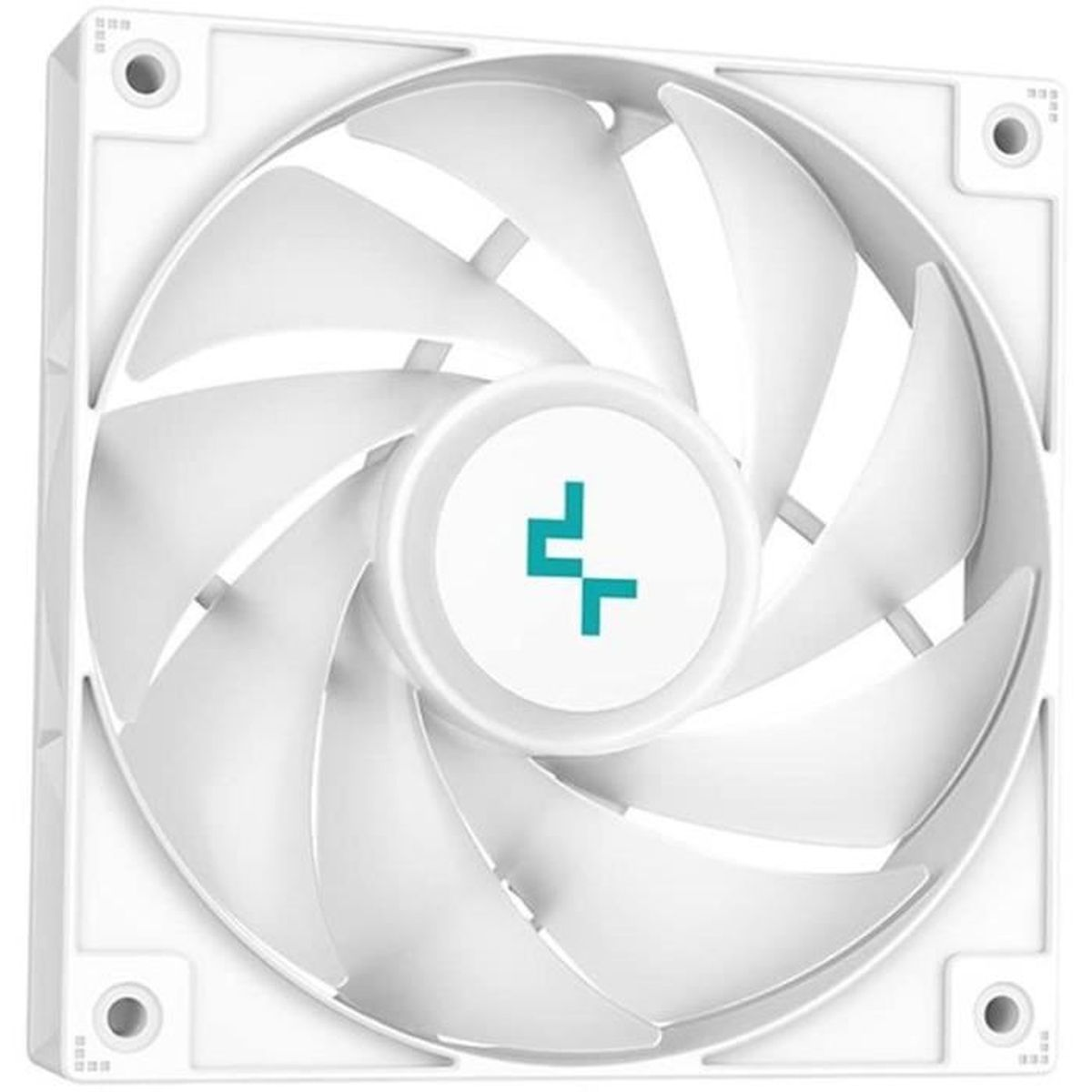 A white computer fan with curved blades and a blue logo.
