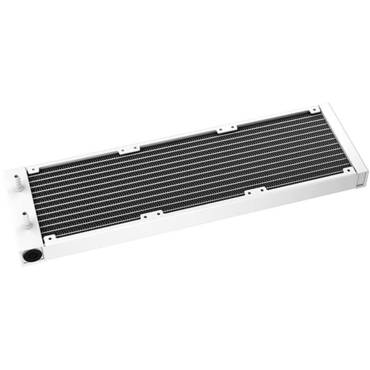 A white radiator with black horizontal fins. Two tubes are on the left side.
