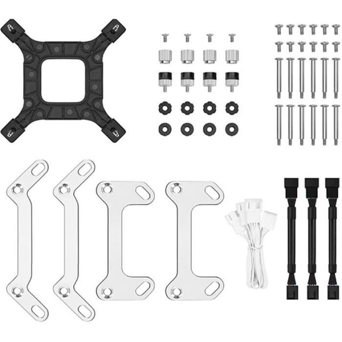 Computer components: bracket, screws, and fan connectors arranged on a surface.