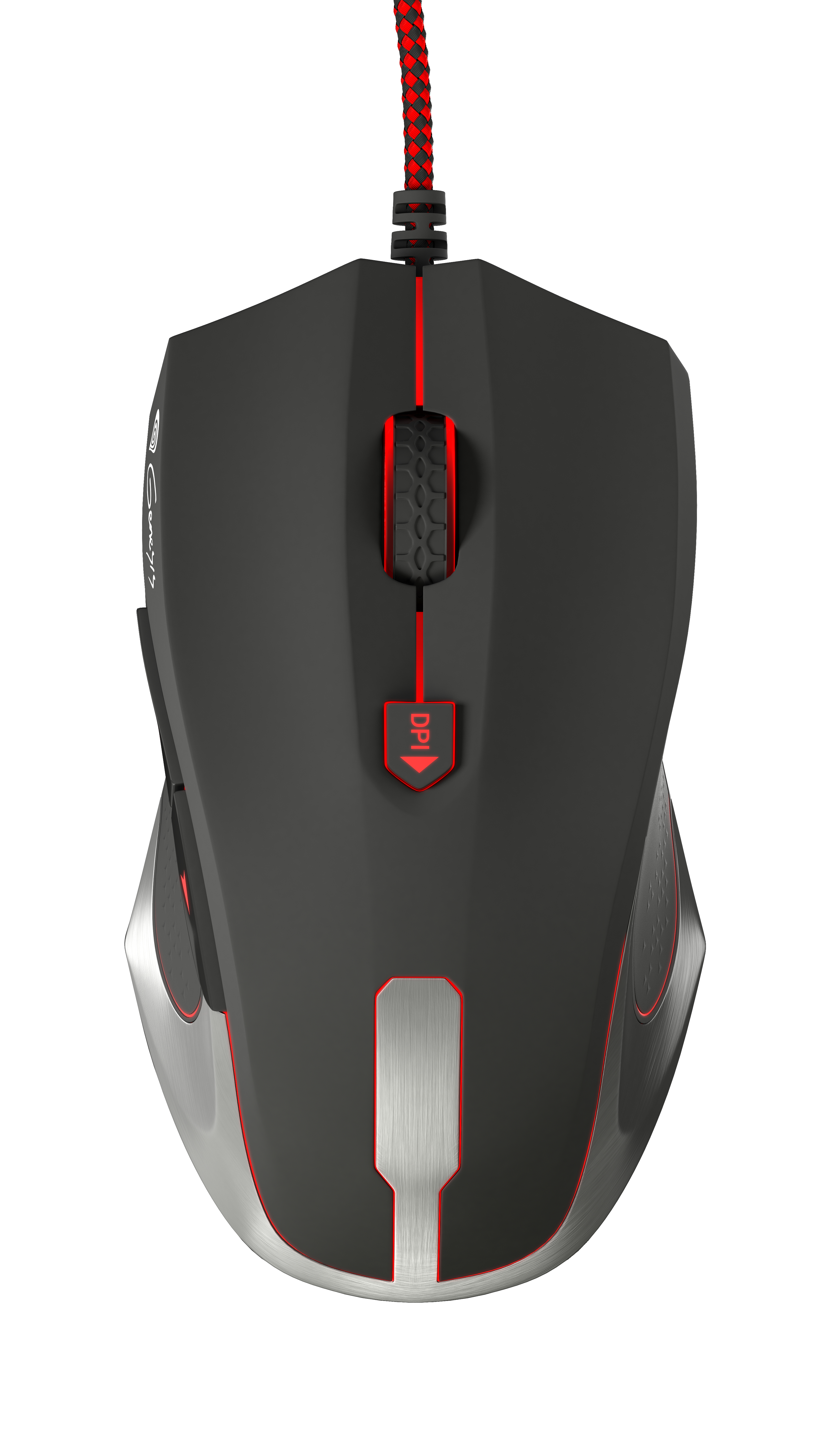 Czarna mysz gamingowa z czerwonymi akcentami i czerwonym kablem.