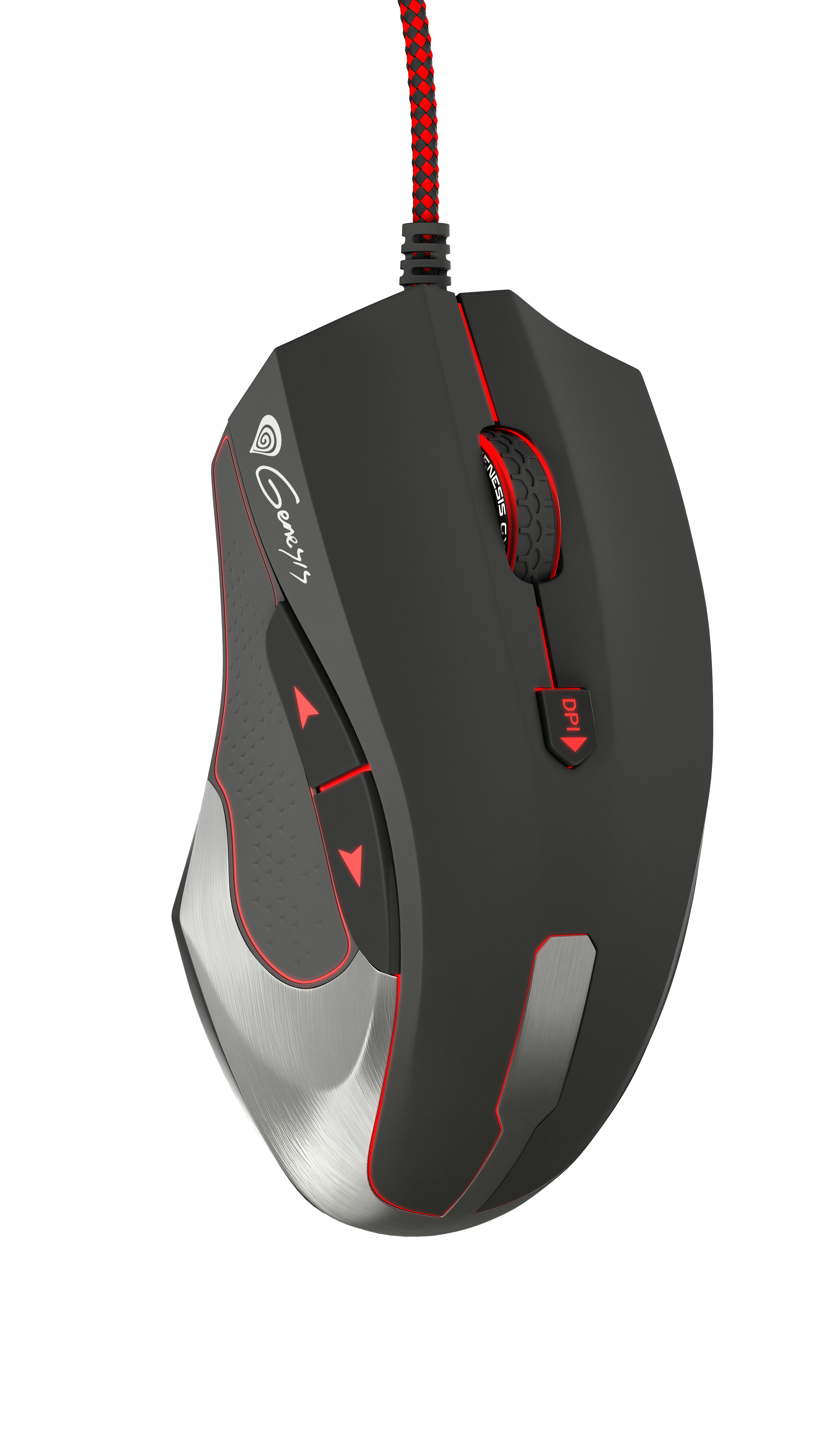 Czarna mysz gamingowa z czerwonymi akcentami. Czerwony kabel i dwa boczne przyciski. Logo Genesis.