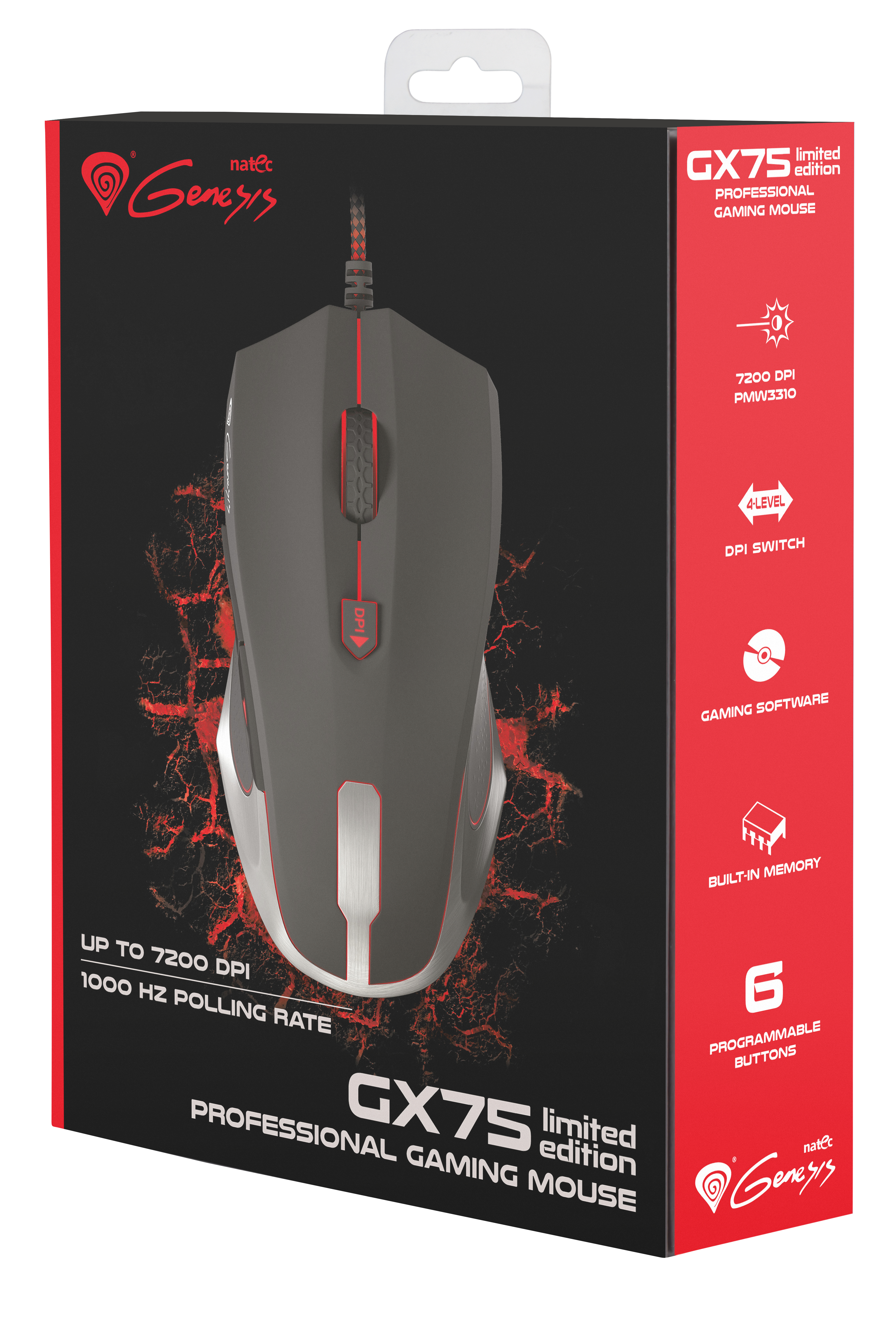 Mysz gamingowa w pudełku. Czarno-szaro-czerwona kolorystyka.