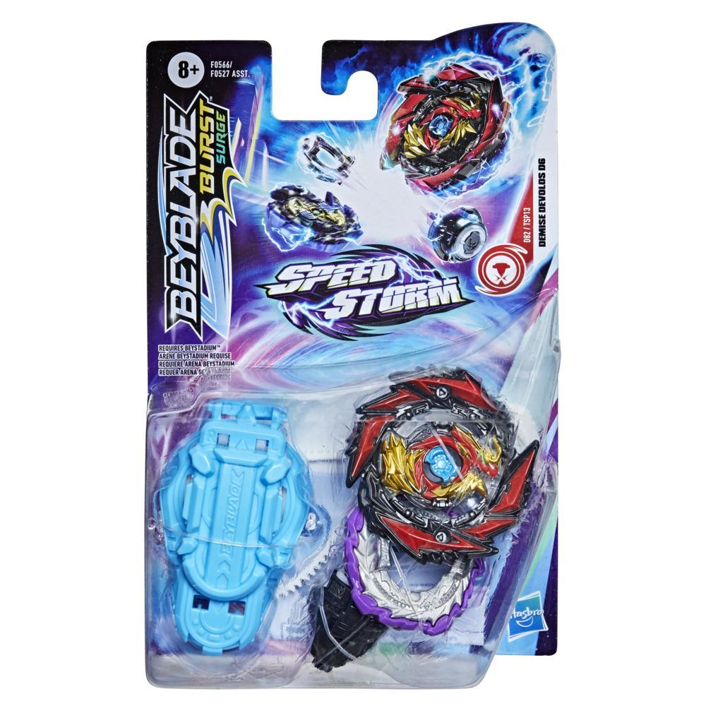 Opakowanie z zabawką Beyblade Burst Surge. Zawiera wirujący top, wyrzutnię i niebieski uchwyt. Top jest czerwono-czarny.