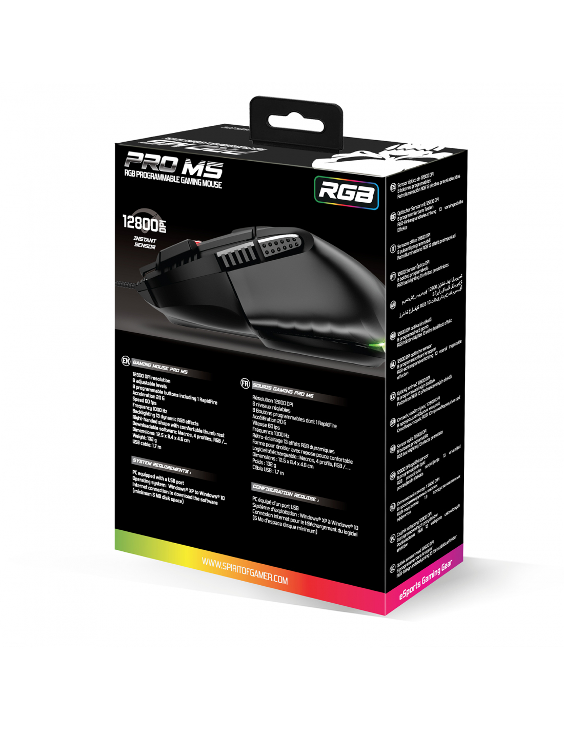Czarna mysz do gier w pudełku z podświetleniem RGB. Pudełko zawiera szczegóły produktu i logo.