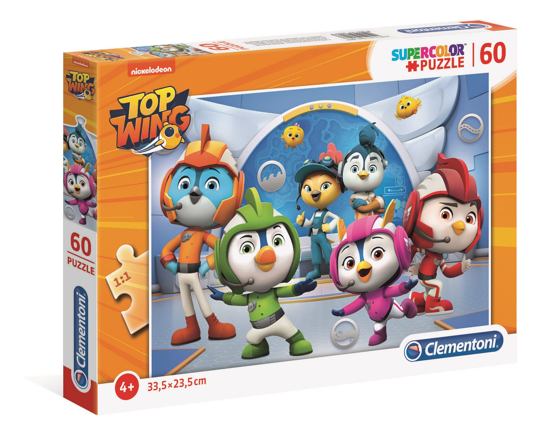Pudełko z puzzlami Top Wing. Puzzle przedstawiają postacie z kreskówek. Białe tło.