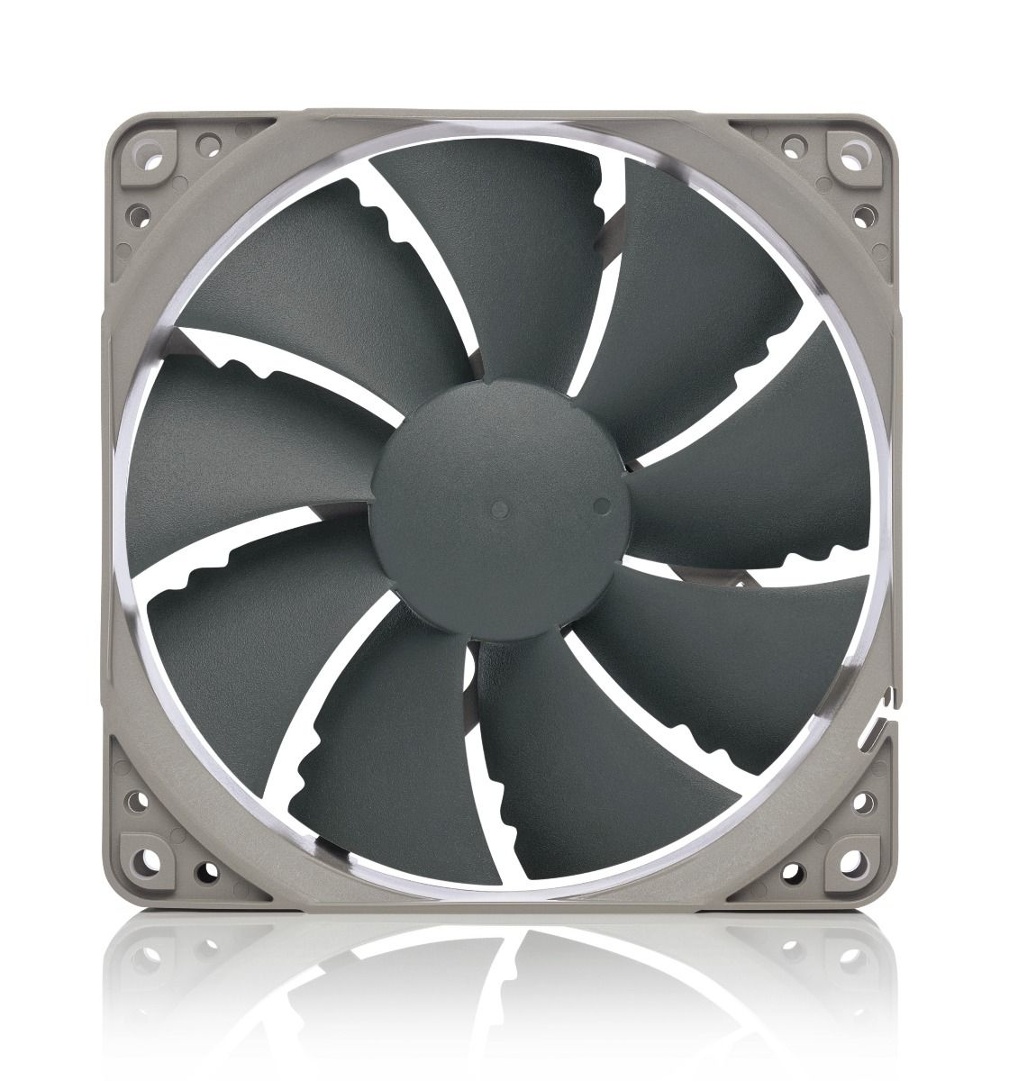 Ventilateur d'ordinateur avec cadre et pales grises, sur fond blanc, avec ombres.