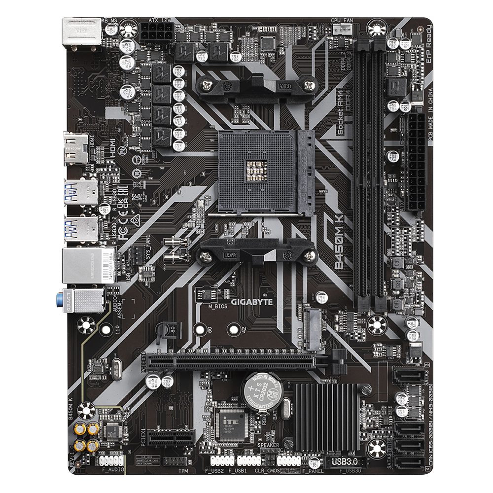 Schwarzes Motherboard mit verschiedenen Komponenten, Sockeln und Steckplätzen, mit dem Gigabyte-Logo.