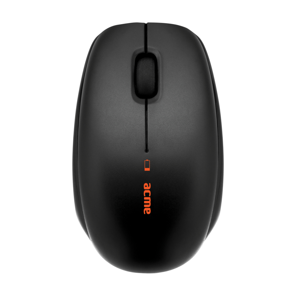 Czarna mysz komputerowa z kółkiem przewijania i pomarańczowym napisem 'acme'.