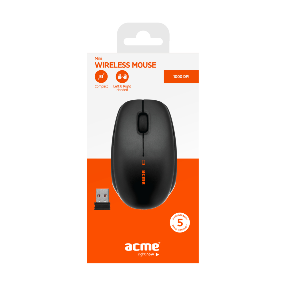 Czarna mysz bezprzewodowa w opakowaniu, pokazuje mysz i odbiornik bezprzewodowy.