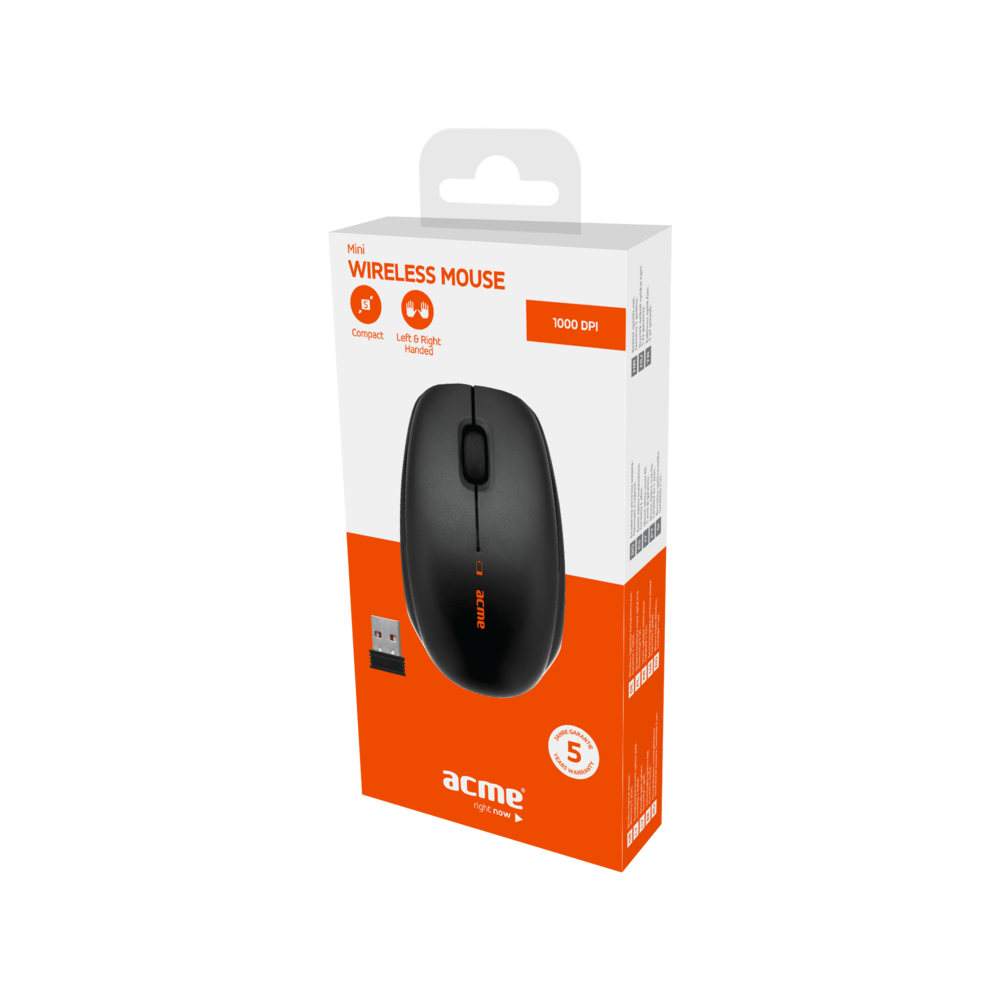 Biało-pomarańczowe pudełko zawierające czarną, bezprzewodową mysz mini.