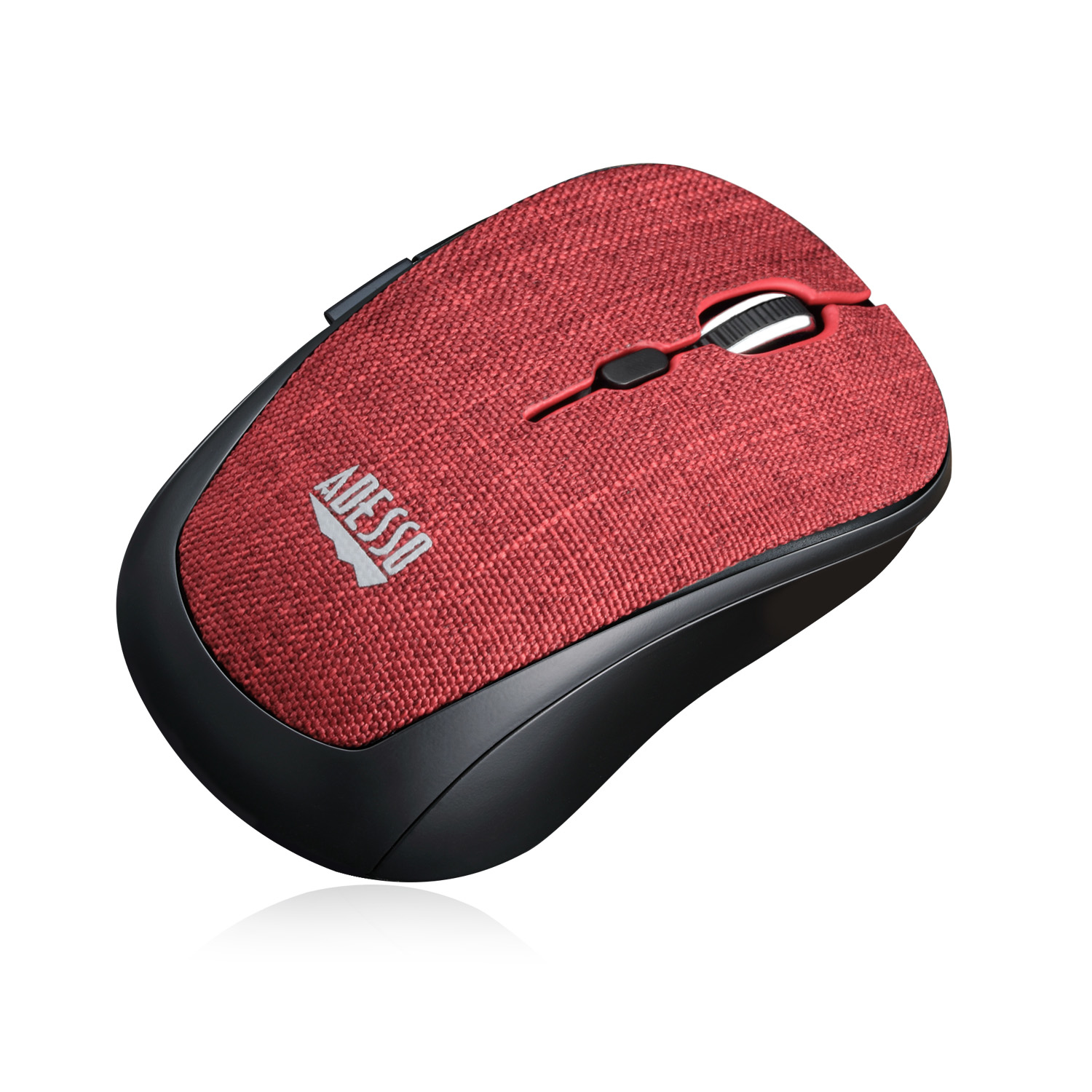 Un mouse per computer rosso e nero con il marchio ADESSO sulla parte superiore.