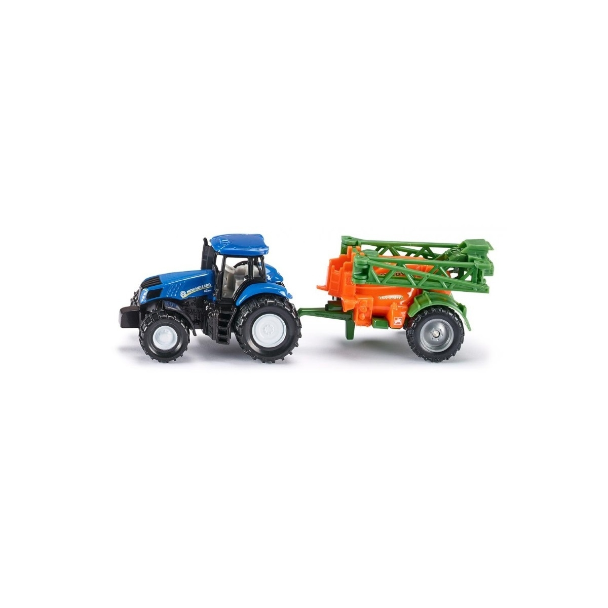 Niebieski i biały traktor zabawka ciągnący pomarańczową przyczepę.