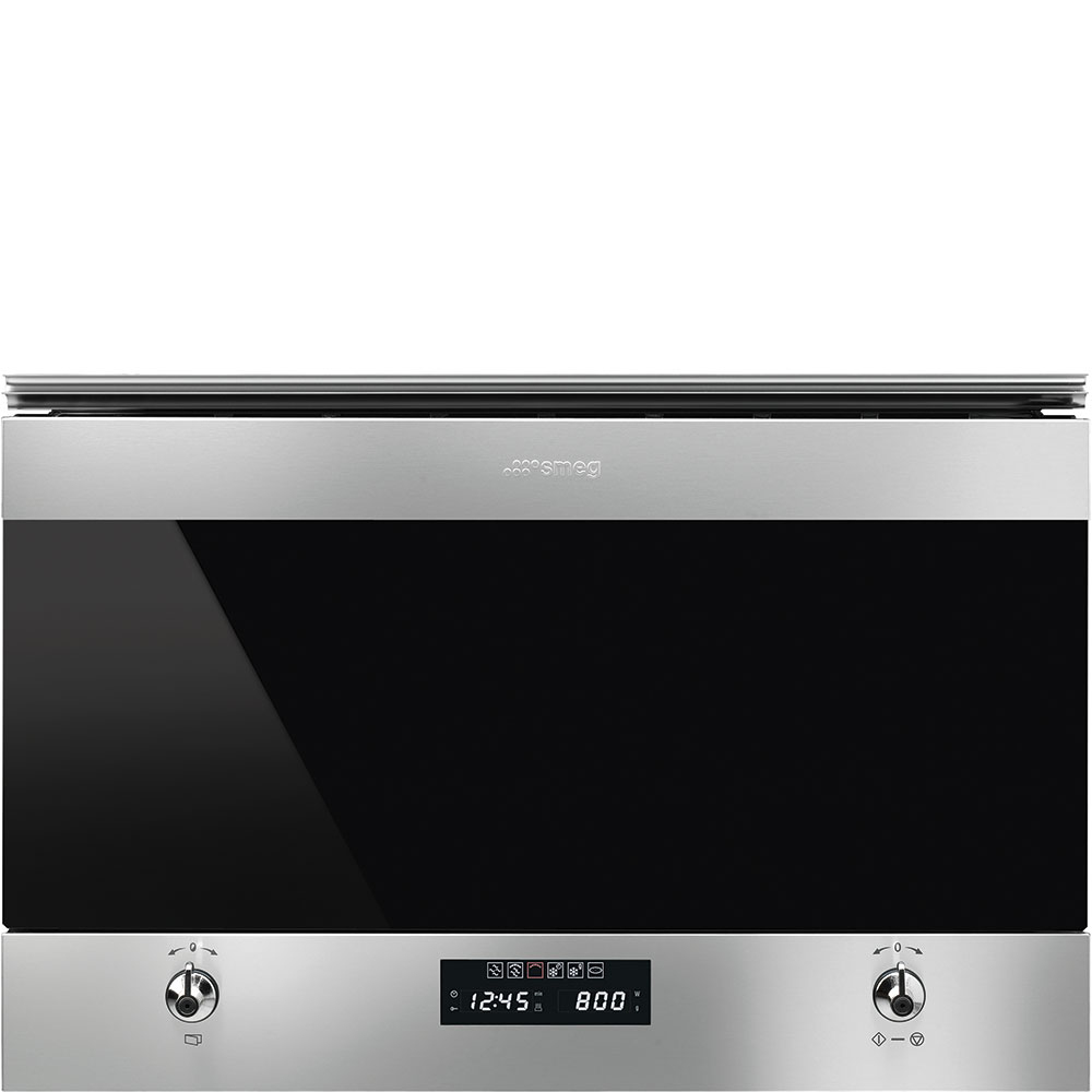 Forno Smeg in acciaio inox con porta in vetro nero e display digitale.