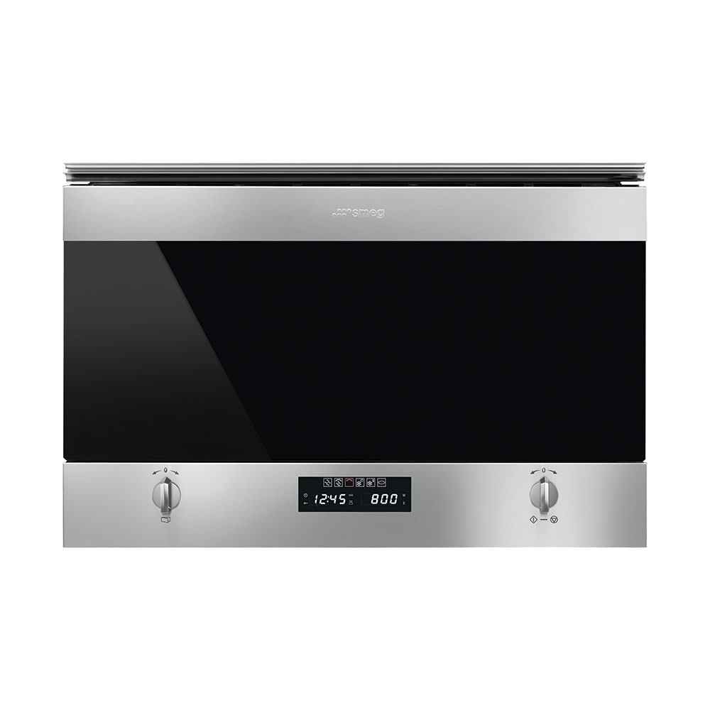 Forno argentato con porta in vetro nero e display digitale, manopole in basso. Il marchio è 'smeg'.