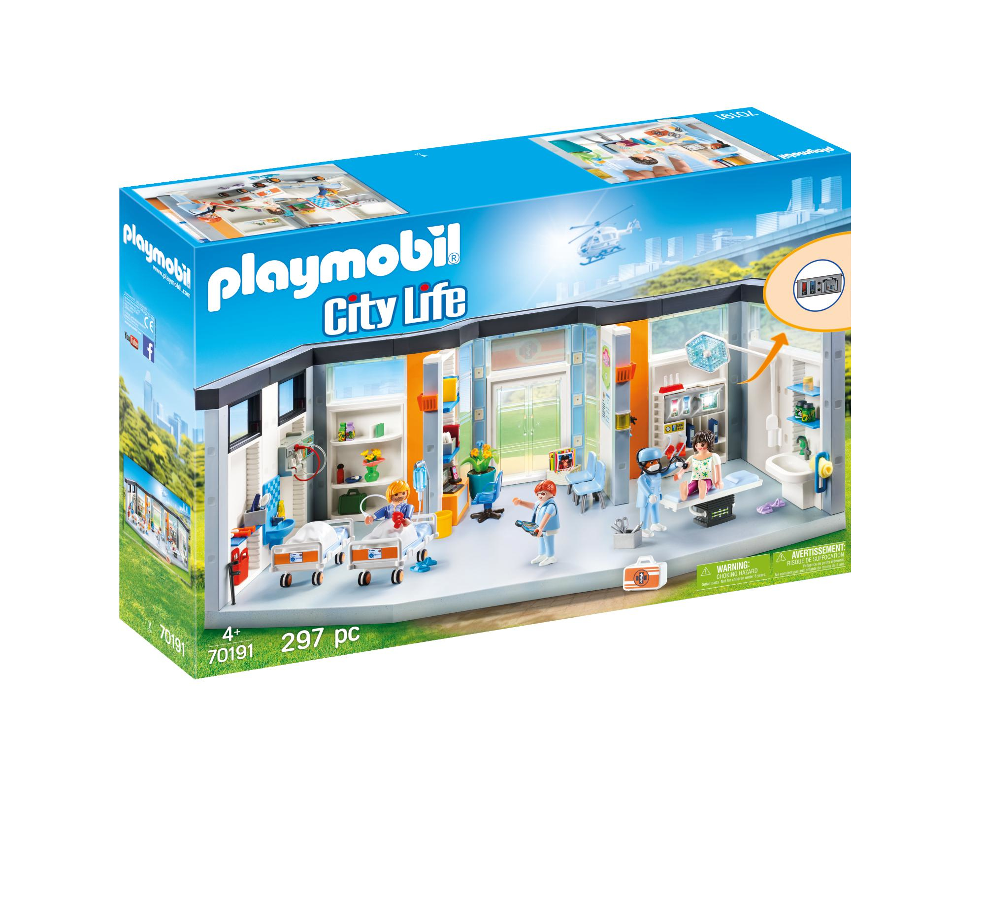 Pudełko zestawu szpitalnego Playmobil City Life, pokazujące wnętrze szpitala z figurkami.