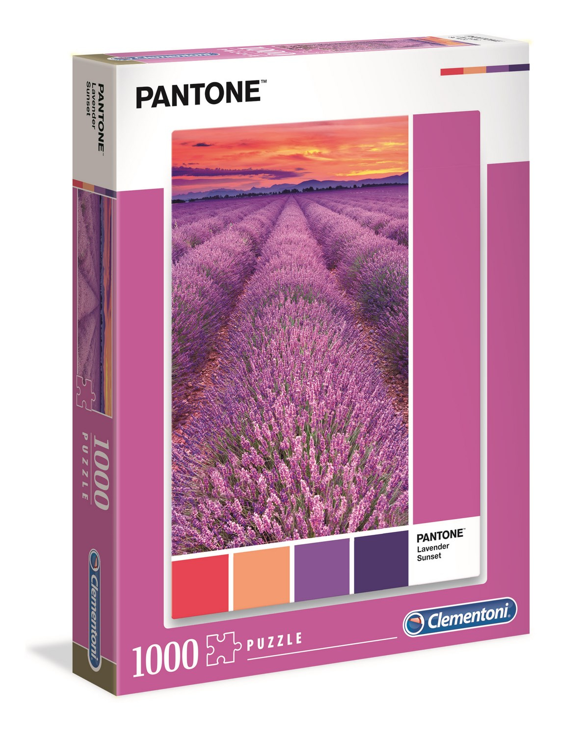Pudełko z puzzlami Pantone z obrazem krajobrazu zachodu słońca i próbnikami kolorów, na białym tle.