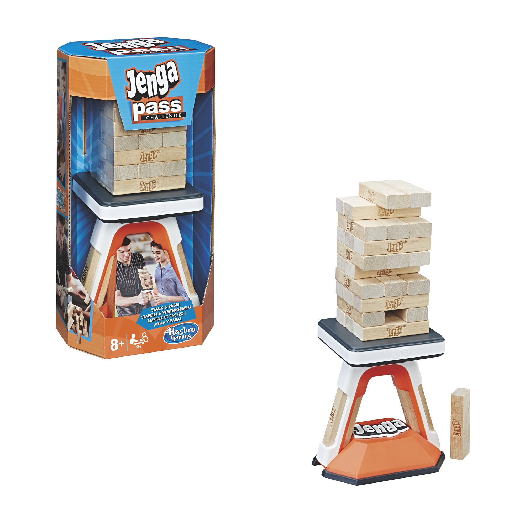 Pudełko gry Jenga Pass Challenge i zestaw gry z klockami Jenga.