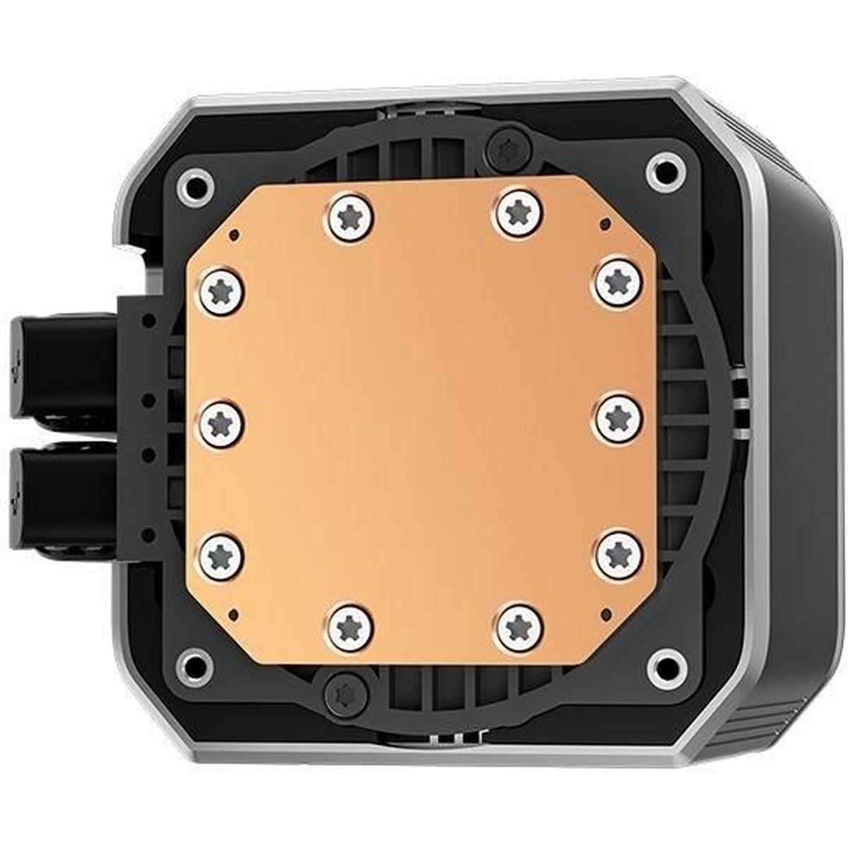 Czarny i srebrny komponent komputera z miedzianym środkiem i śrubami.