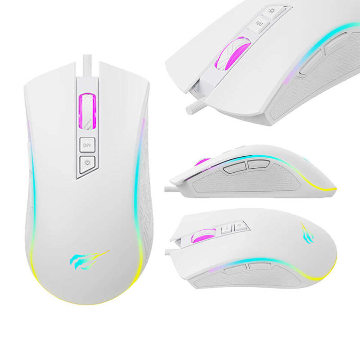 Biała mysz z kolorowymi światłami i trzema widokami. Przycisk DPI i dwa boczne przyciski. Białe tło.