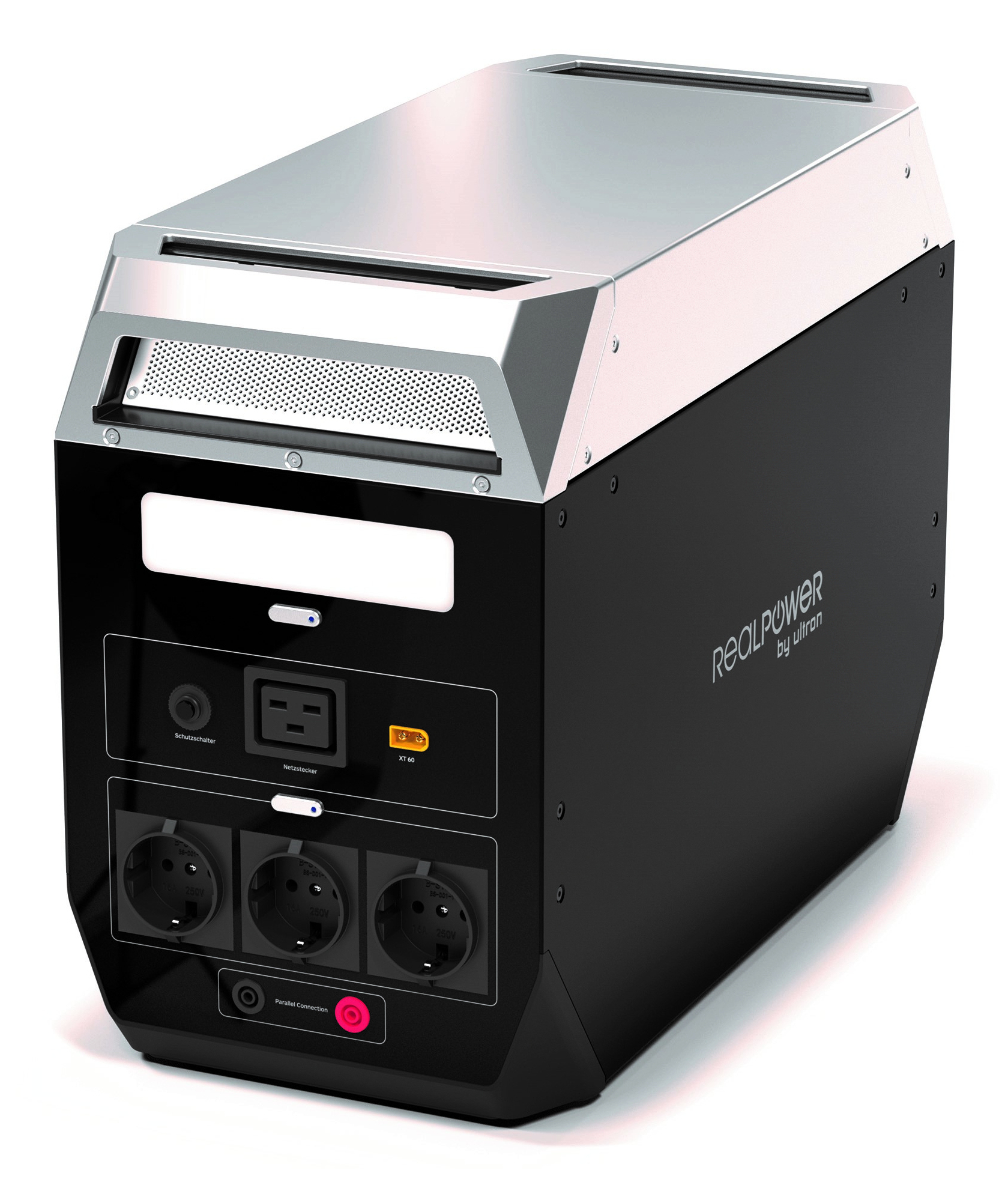 Czarna i srebrna stacja zasilania z gniazdami. Pokazuje przód i bok. Białe tło.