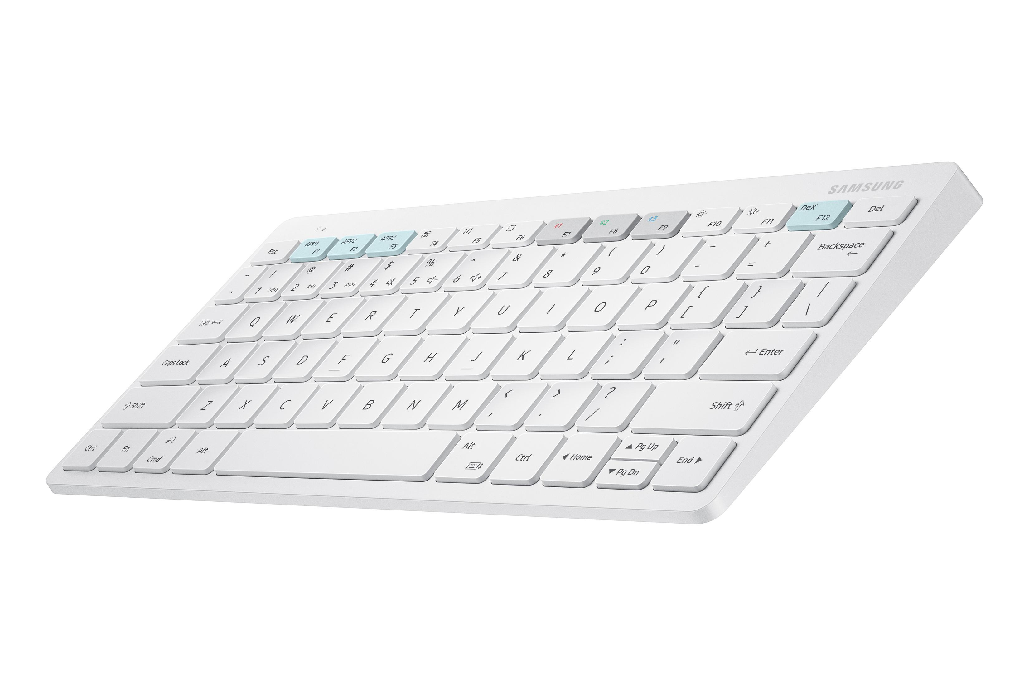 White Samsung keyboard, angled view. Keys are white, with blue function keys. 