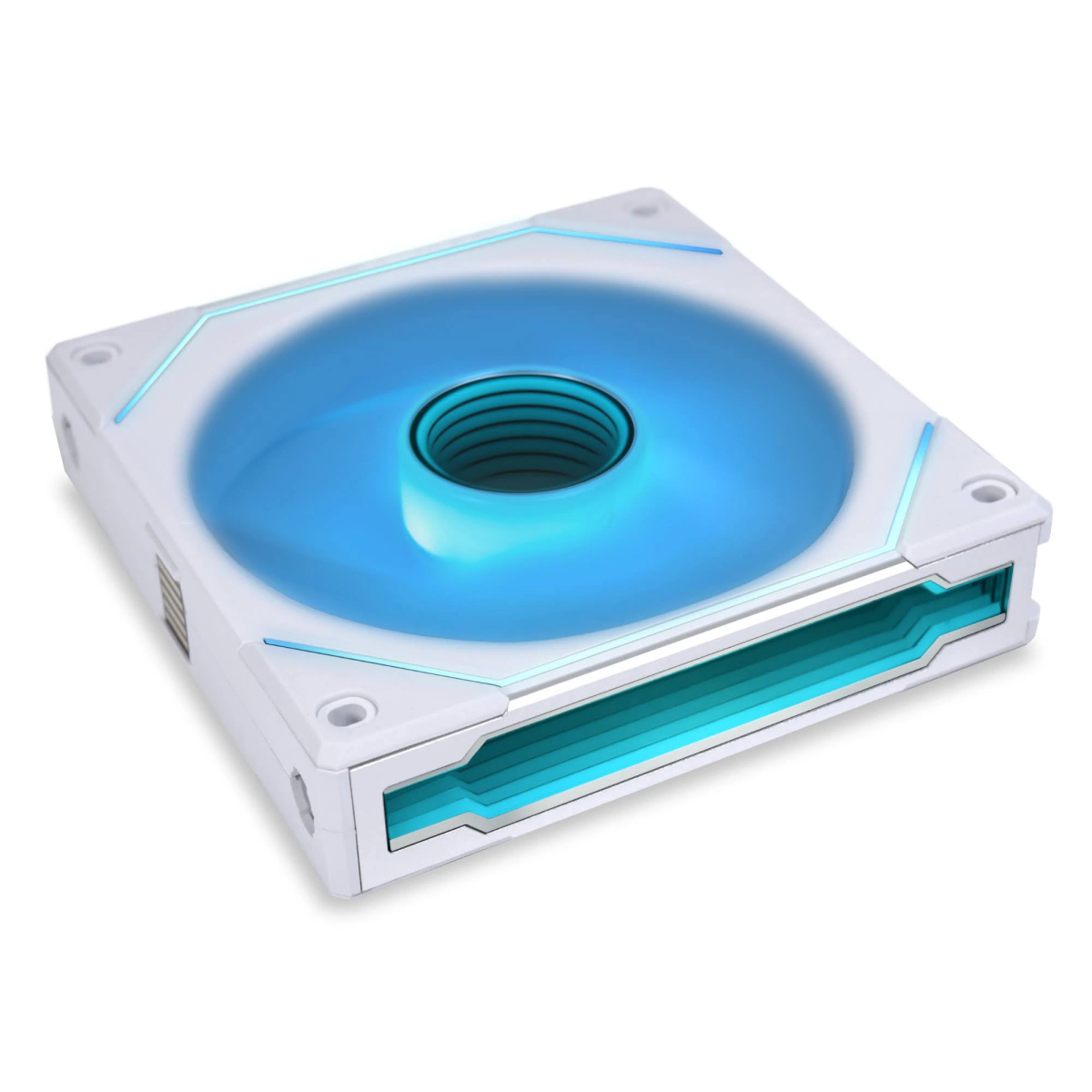 Ventilateur de refroidissement blanc avec éclairage bleu. Forme carrée avec cadre blanc.