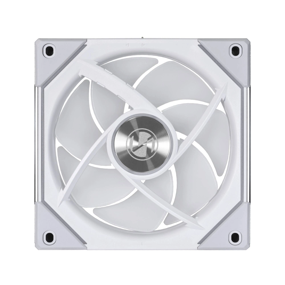 Ventilateur PC blanc, vue de dessus. Centre argenté avec logo. Pales blanches dans cadre argenté.