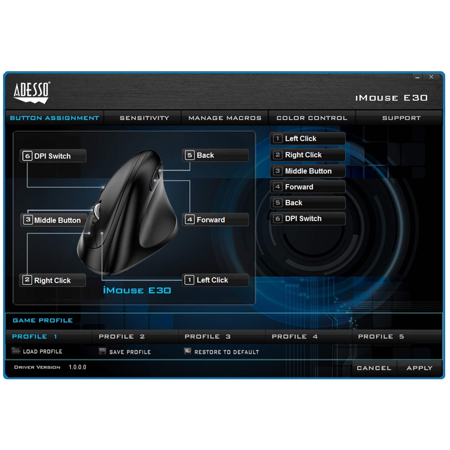 Een zwarte ergonomische muis met knoppen, geëtiketteerd op een software-interface. De muis staat op een donkere ondergrond.