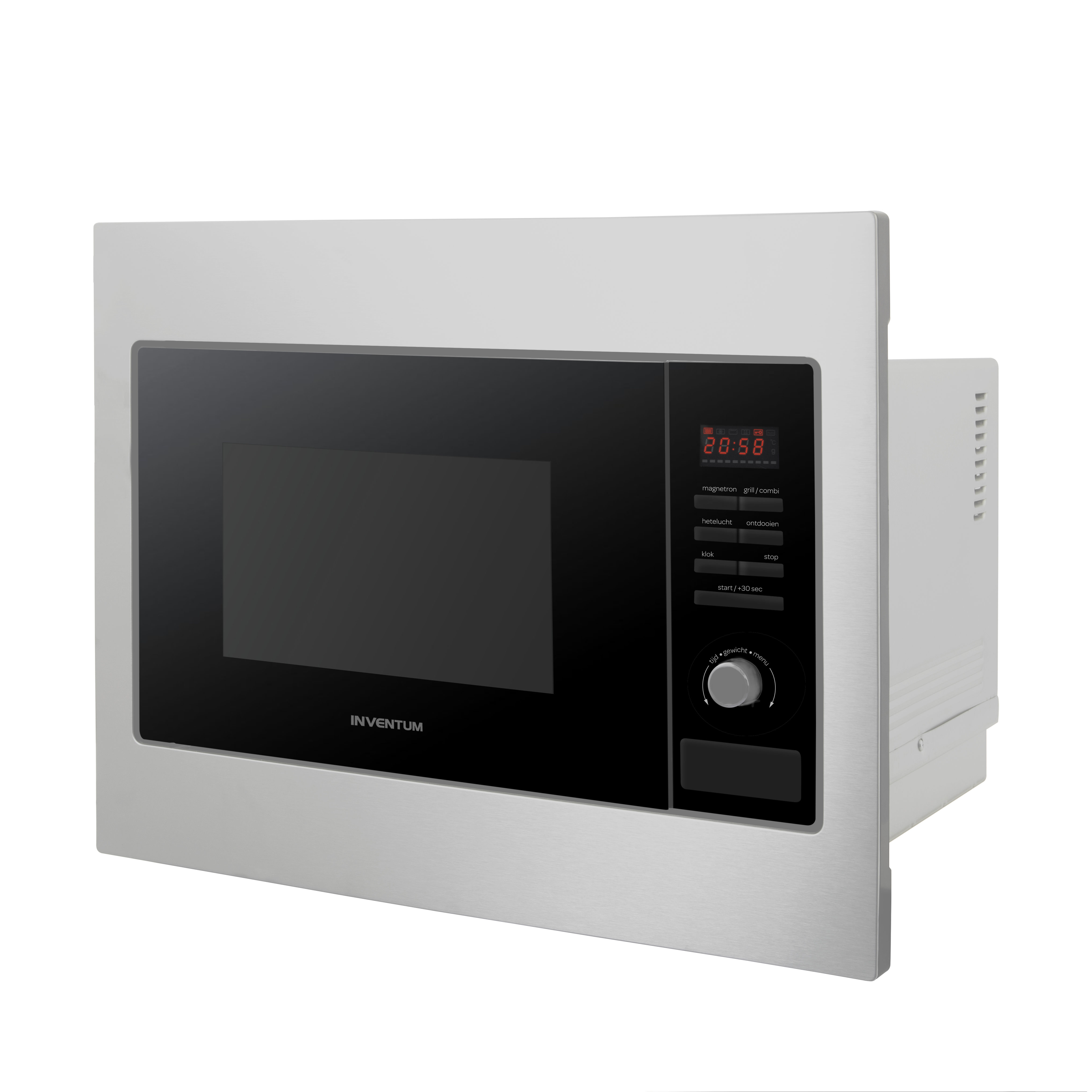 Four à micro-ondes encastré dans un meuble. Il a une porte noire, un panneau de commande et un affichage rouge.