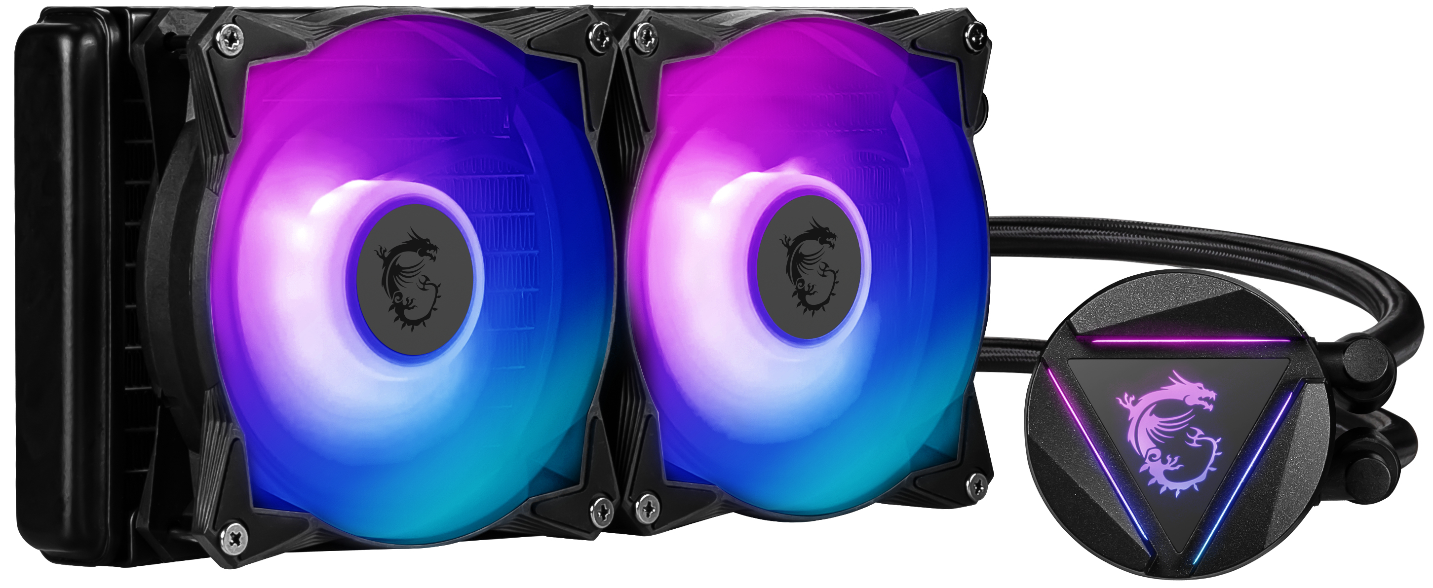 Dissipatore a liquido MSI con due ventole RGB e una pompa. Schema colori nero e blu. Logo MSI.