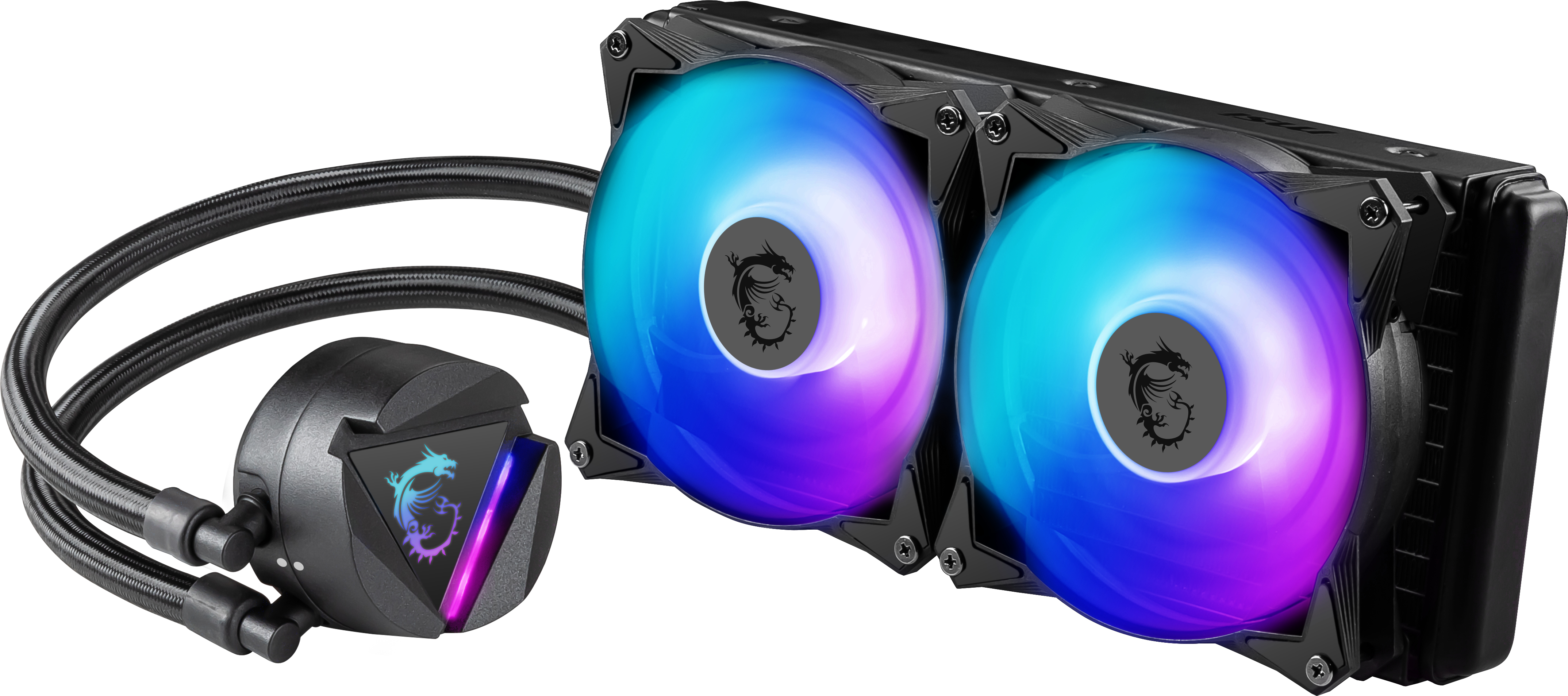 Un sistema di raffreddamento per computer con due ventole con luci blu e viola.