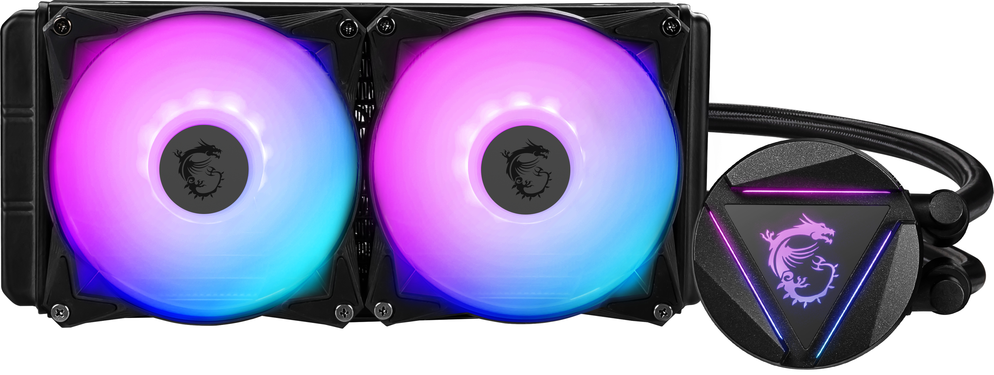 Dissipatore a liquido per computer con due ventole. Ogni ventola ha un logo con luci colorate. Cornice nera.