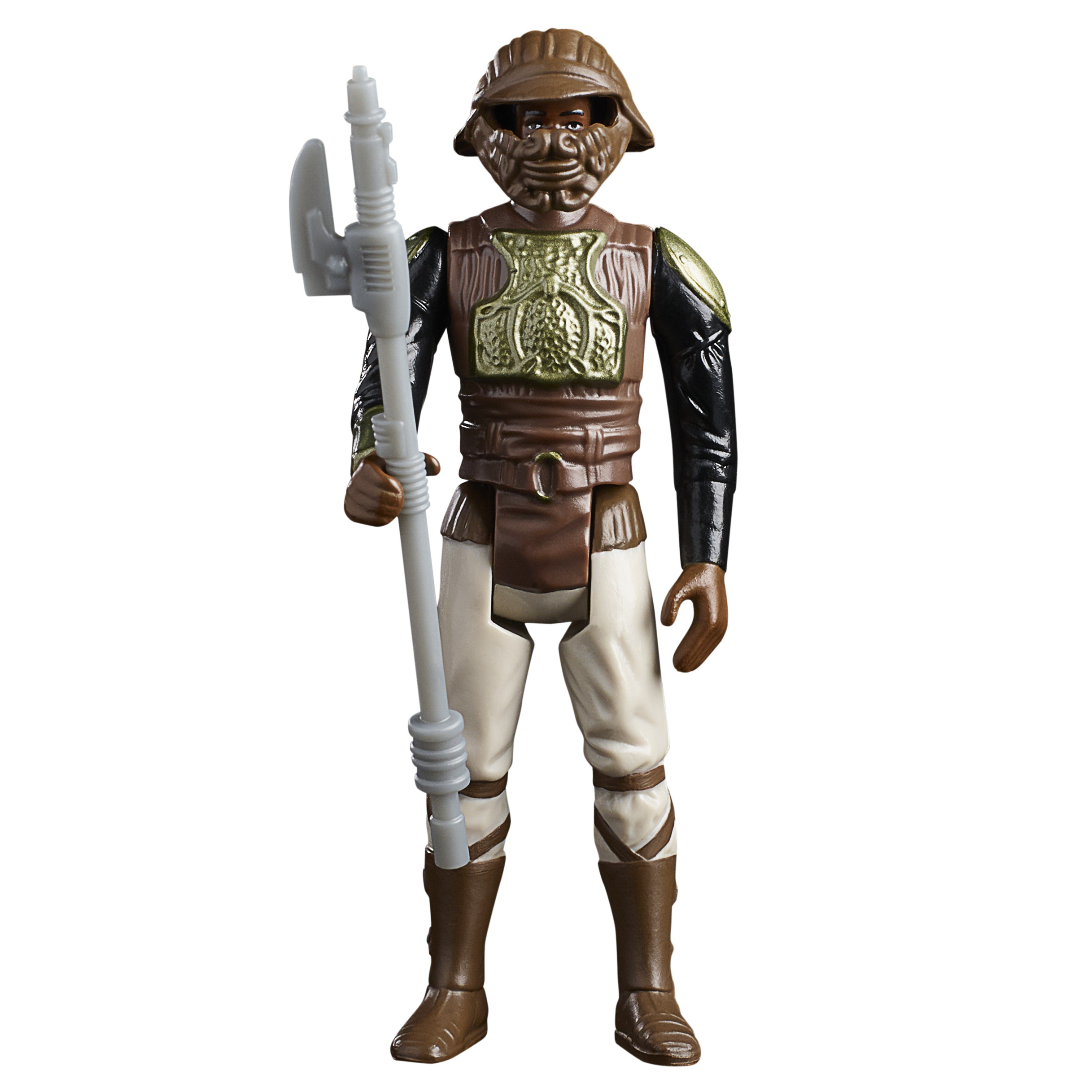 Action figure di Star Wars con abito marrone e beige e un bastone. Sfondo bianco.