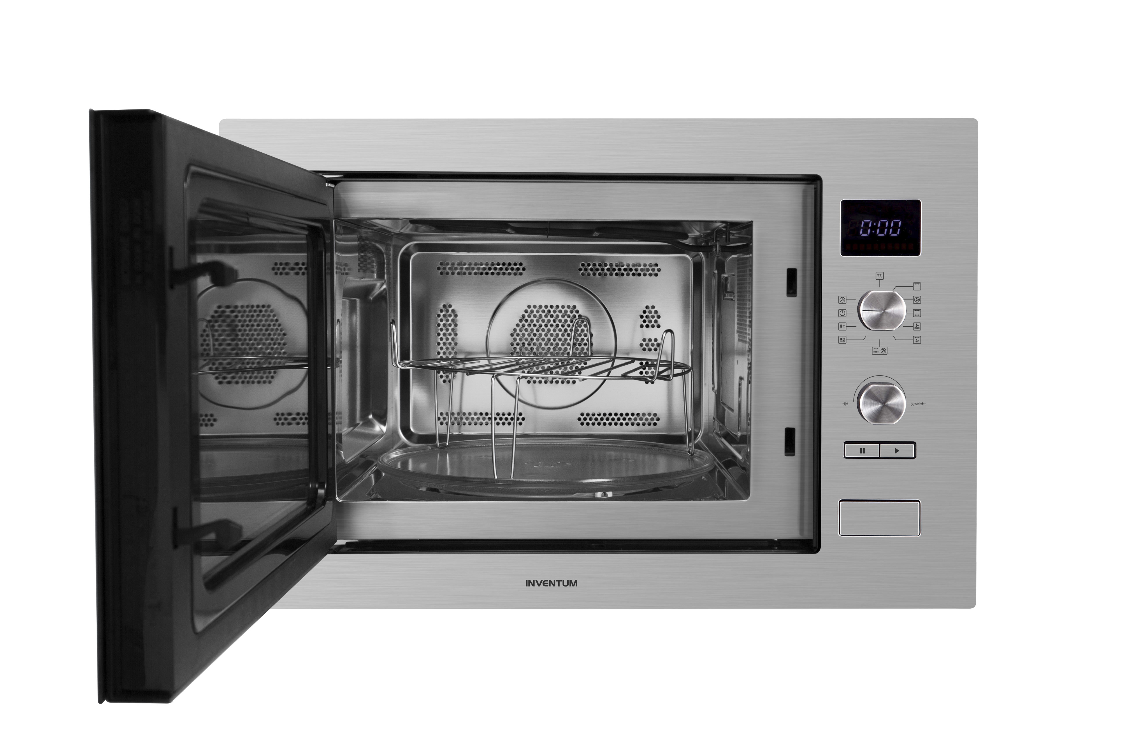 Four à micro-ondes avec la porte ouverte. À l'intérieur, une grille est visible, et le panneau de commande à droite.