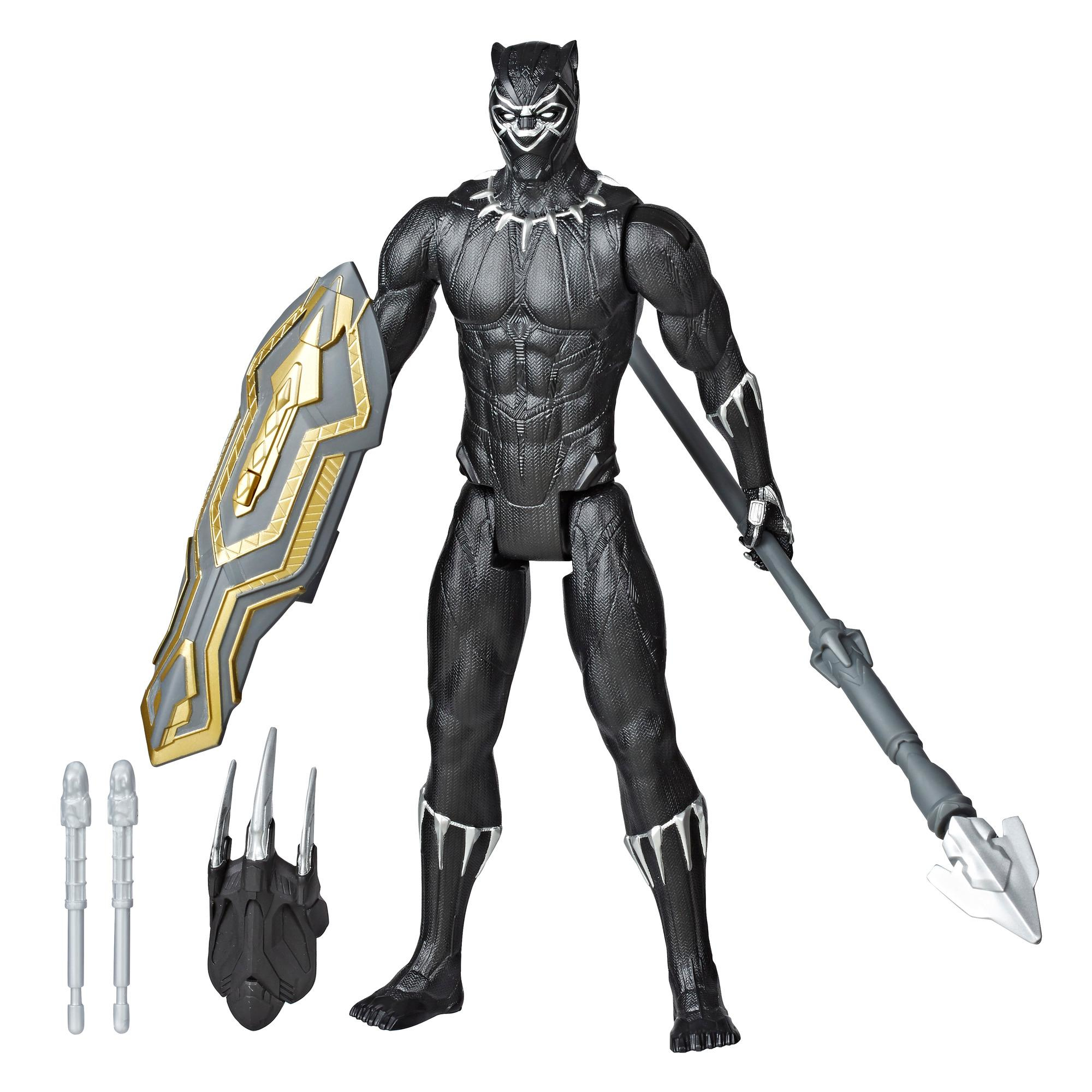 Action figure di Black Panther con lancia, scudo e accessori. La figura è nera e muscolosa.